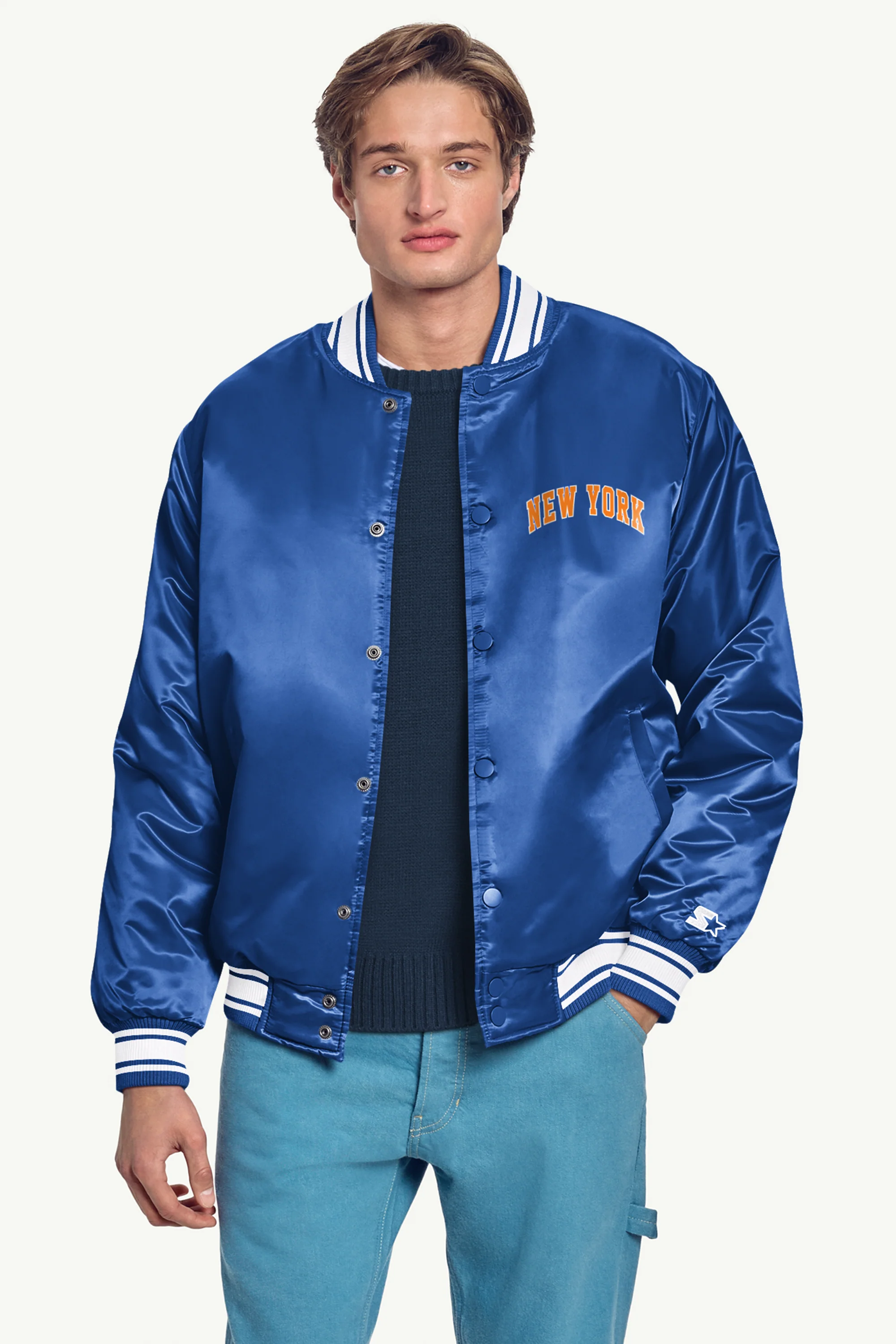 MENS NEW YORK KNICKS PRINTED GRAPHIC SATIN VARSITY JACKET - Image 3