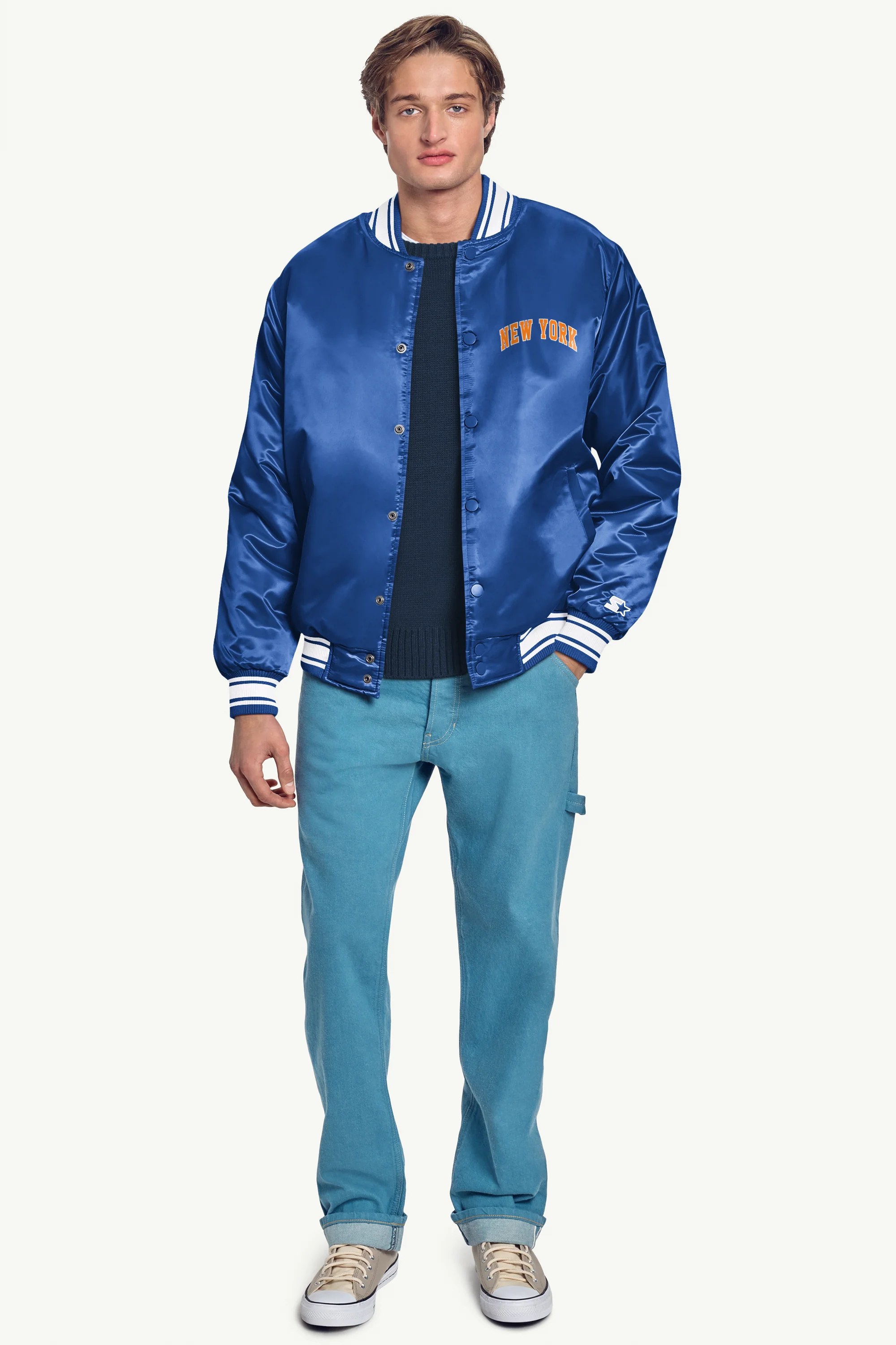 MENS NEW YORK KNICKS PRINTED GRAPHIC SATIN VARSITY JACKET - Image 4