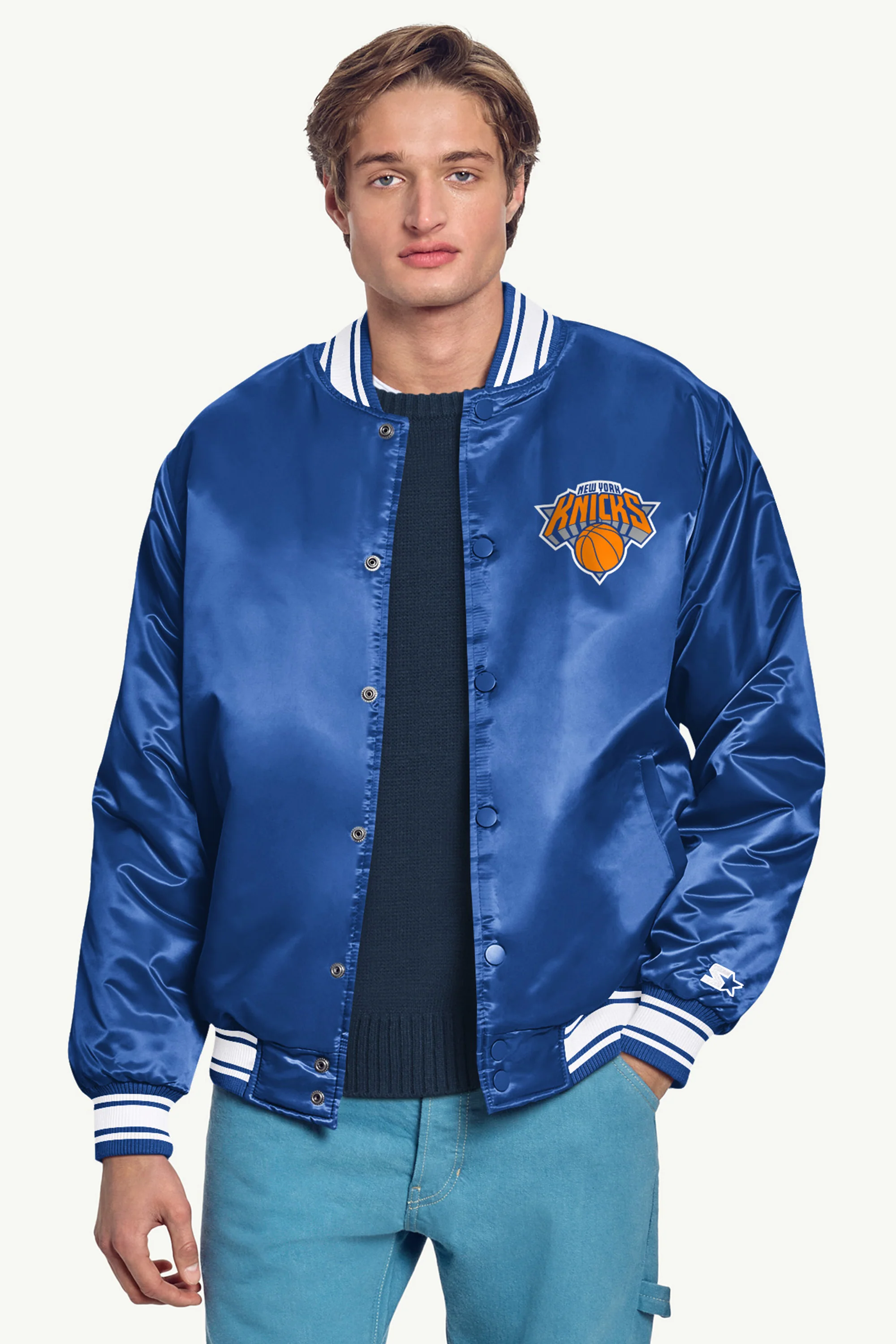 MENS NEW YORK KNICKS PRINTED GRAPHIC SATIN VARSITY JACKET - Image 3