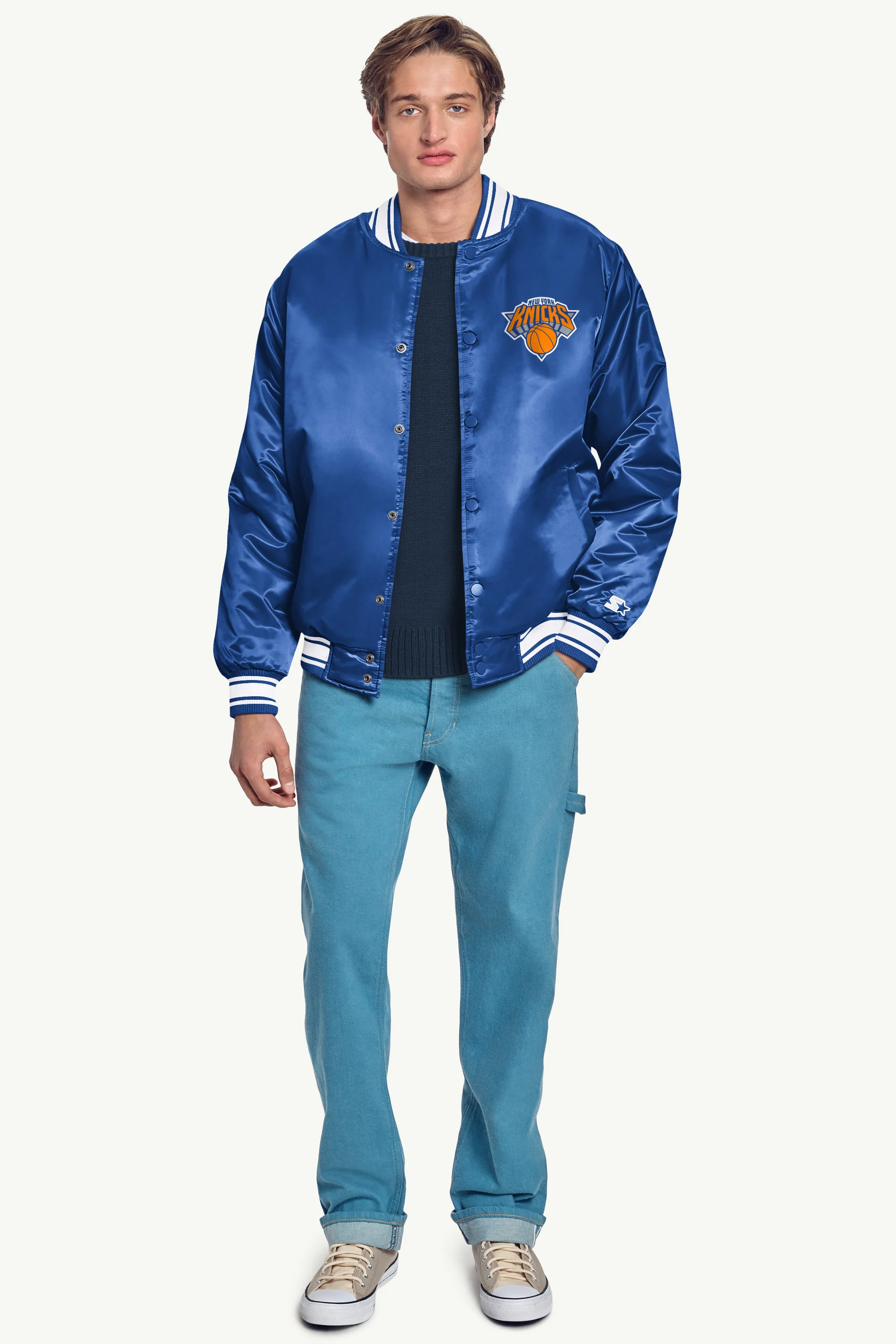 MENS NEW YORK KNICKS PRINTED GRAPHIC SATIN VARSITY JACKET - Image 4