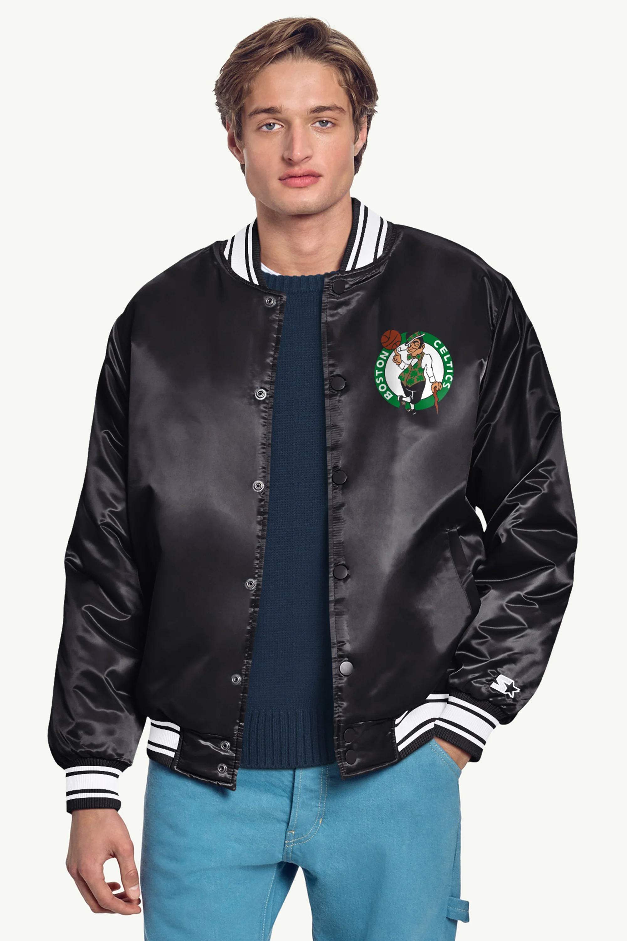 MENS BOSTON CELTICS PRINTED GRAPHIC SATIN VARSITY JACKET - Image 3