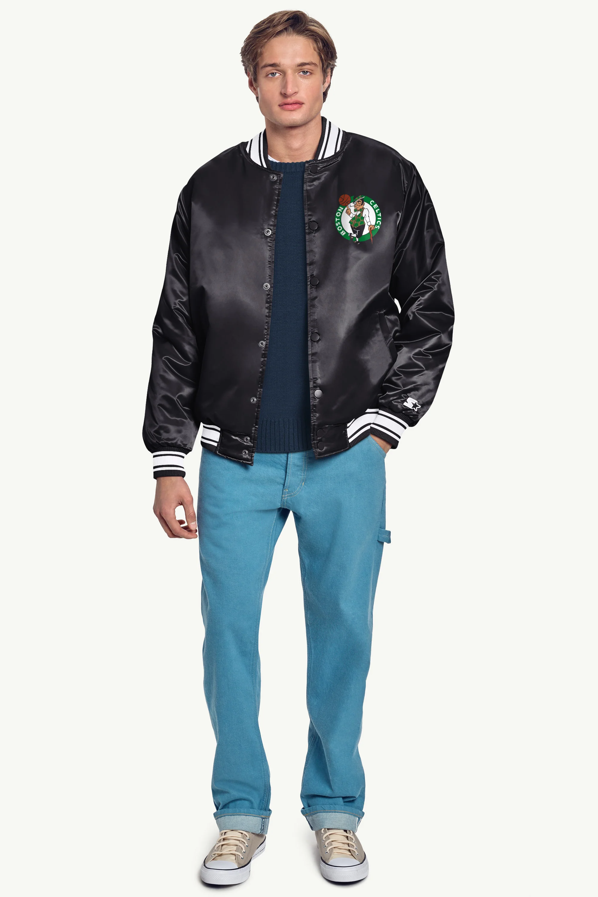MENS BOSTON CELTICS PRINTED GRAPHIC SATIN VARSITY JACKET - Image 4