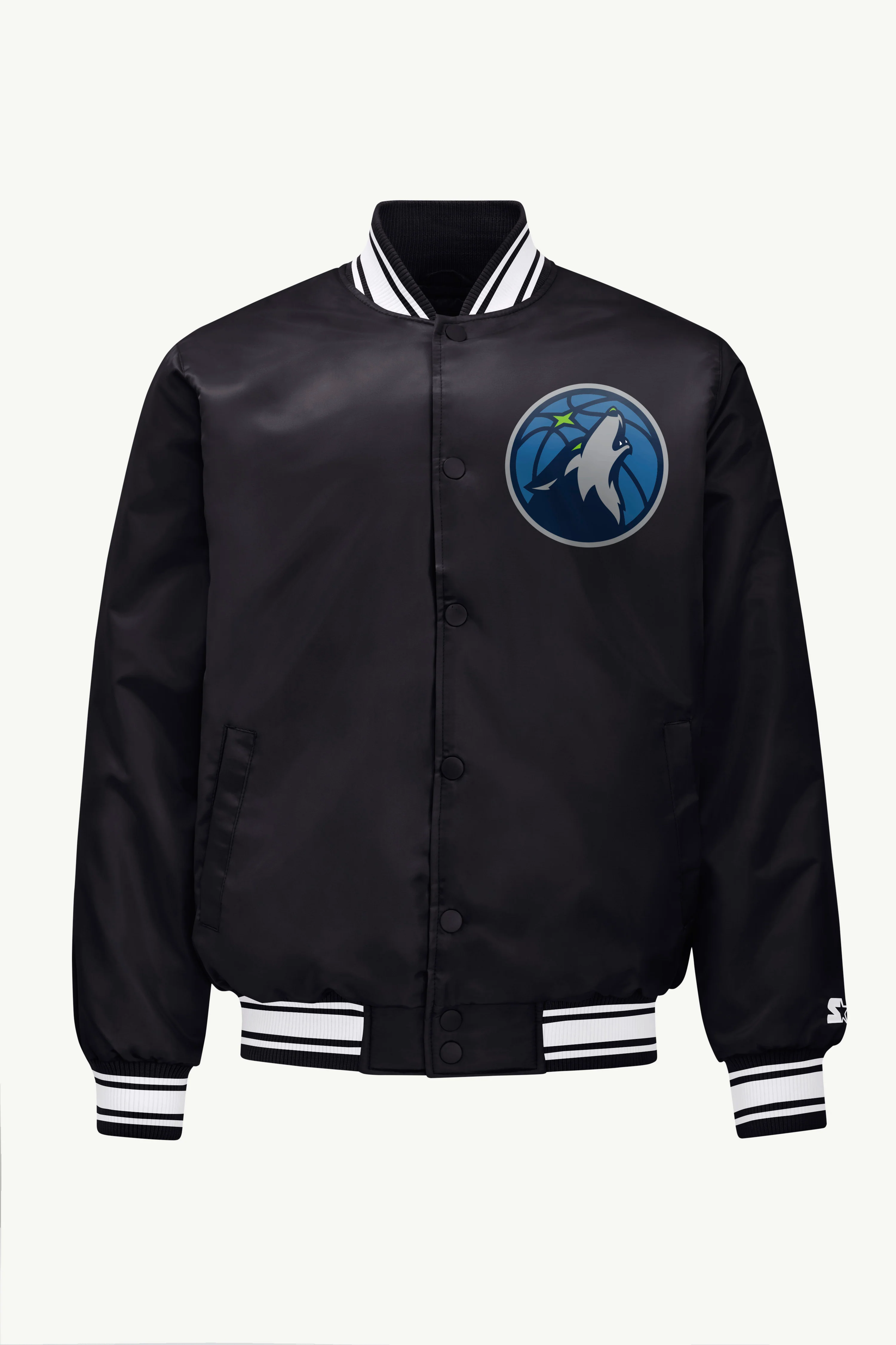 MENS MINNESOTA TIMBERWOLVES TRIANGLE SATIN VARSITY JACKET