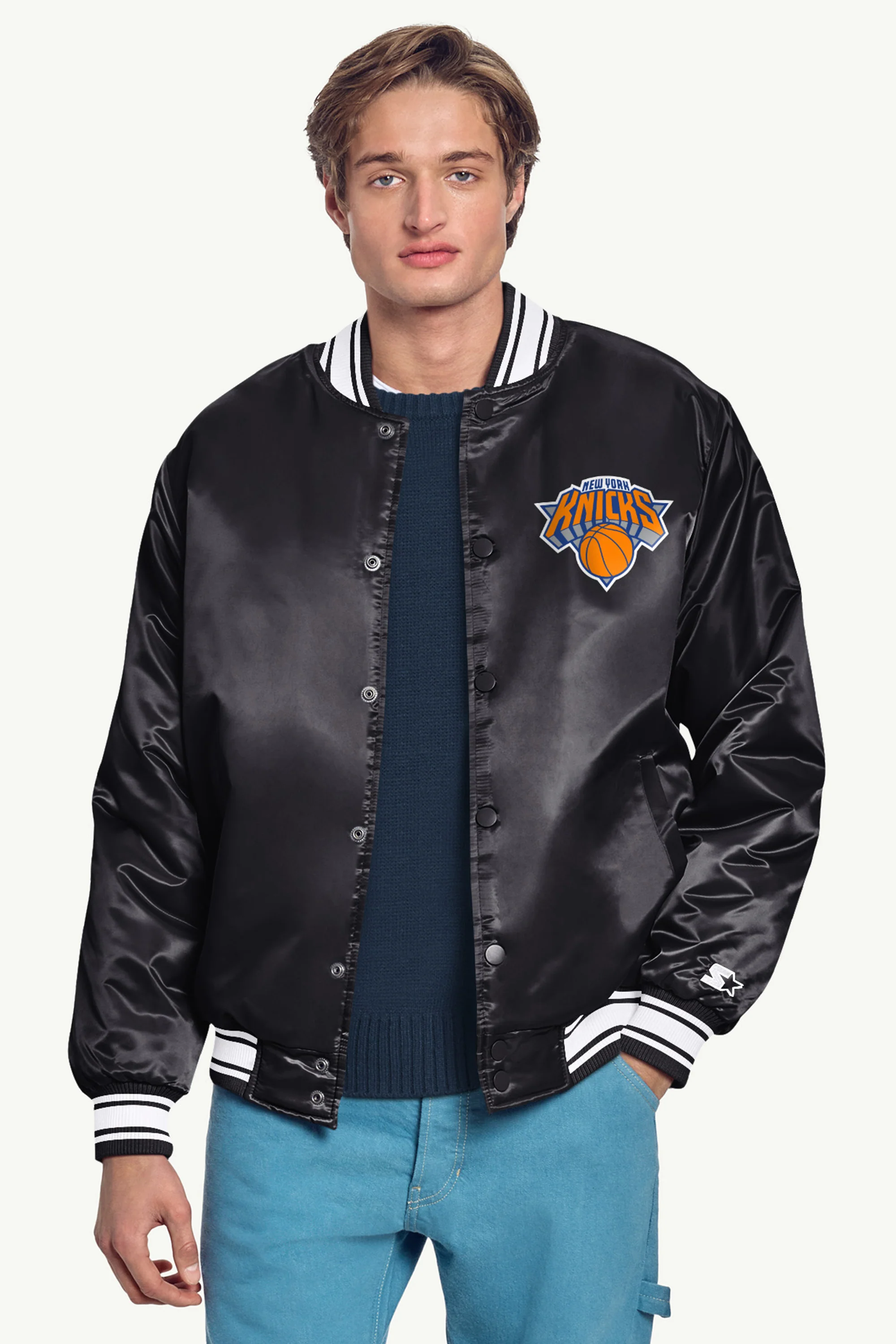 MENS NEW YORK KNICKS TRIANGLE SATIN VARSITY JACKET - Image 3