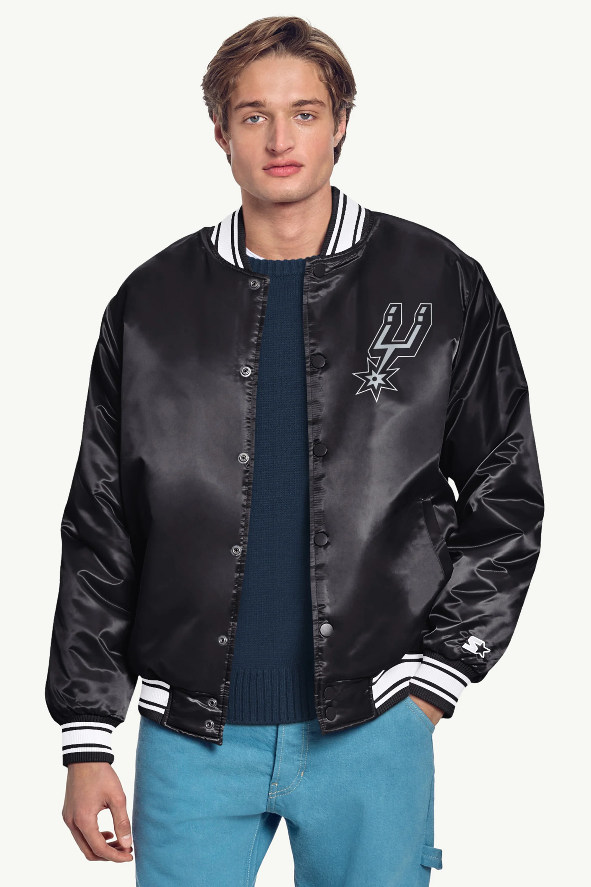 MENS SAN ANTONIO SPURS TRIANGLE PRINTED GRAPHIC SATIN VARSITY JACKET - Image 3