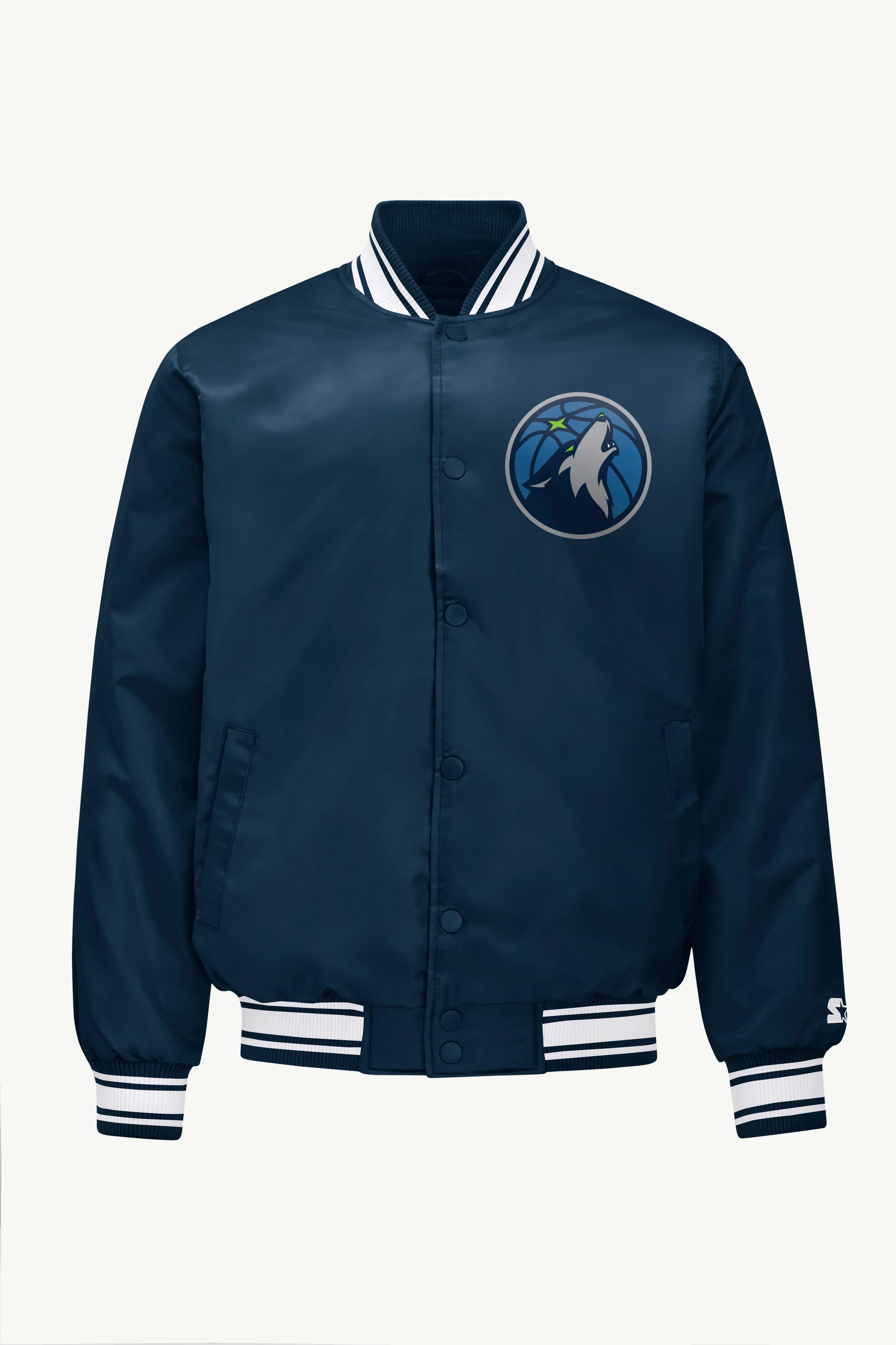 MENS MINNESOTA TIMBERWOLVES PRINTED GRAPHIC SATIN VARSITY JACKET