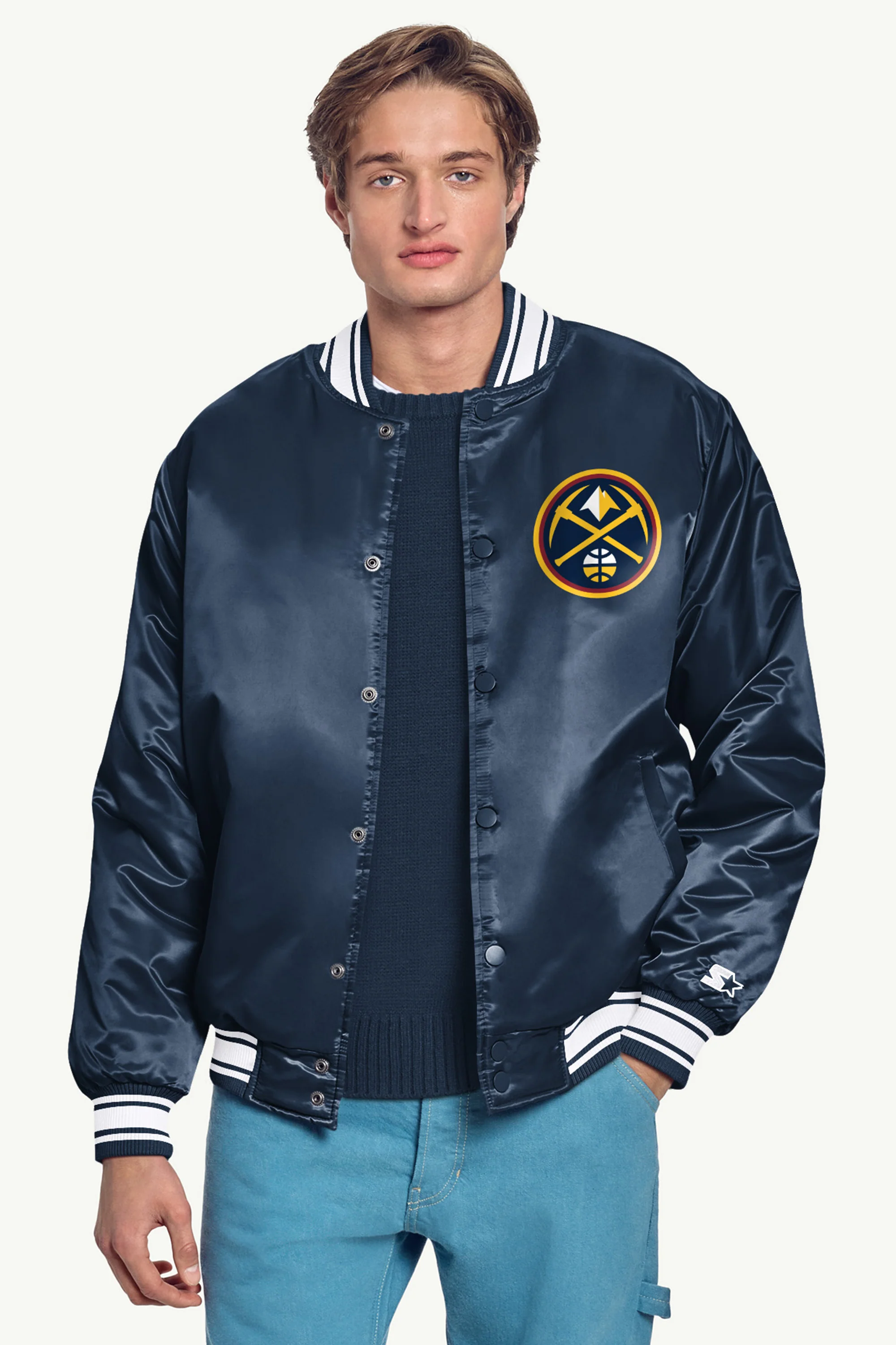 MENS DENVER NUGGETS PRINTED GRAPHIC SATIN VARSITY JACKET - Image 3
