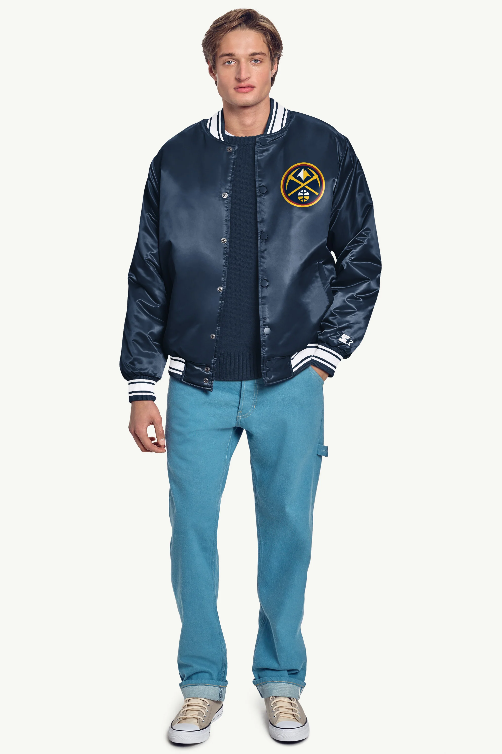 MENS DENVER NUGGETS PRINTED GRAPHIC SATIN VARSITY JACKET - Image 4