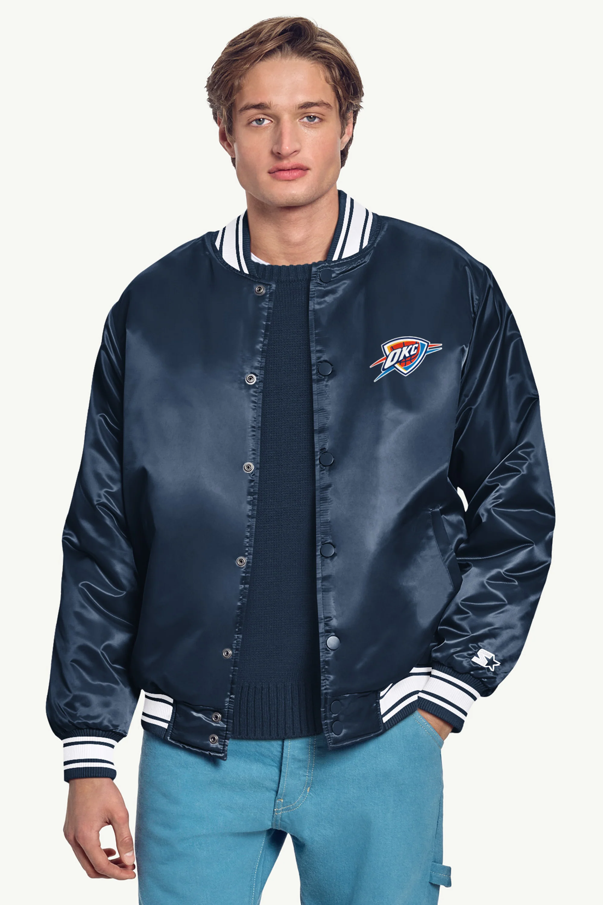 MENS OKLAHOMA CITY THUNDER MESH LOOK SATIN VARSITY JACKET - Image 3