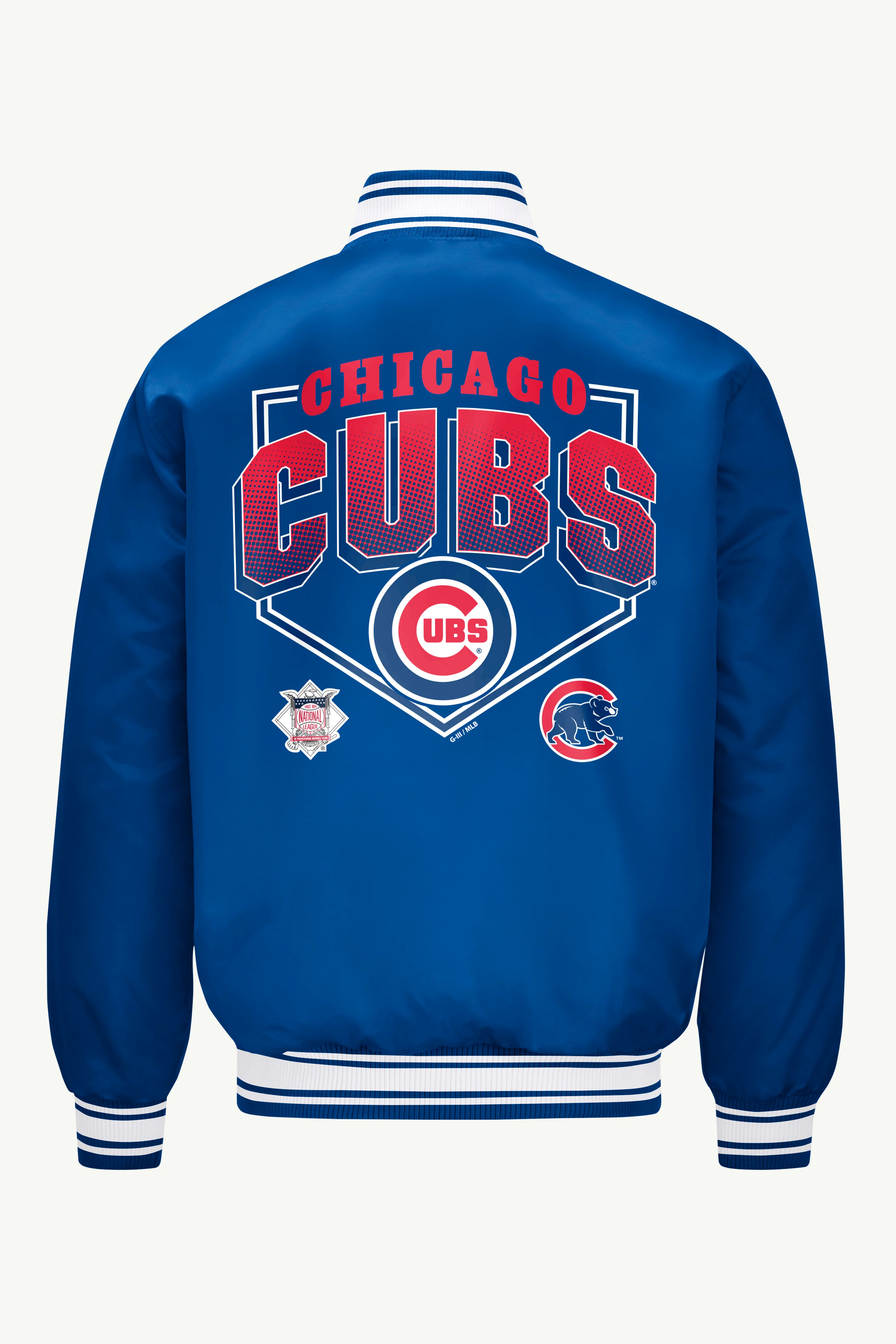 MENS CHICAGO CUBS HOMEPLATE PRINTED GRAPHIC SATIN VARSITY JACKET - Image 2
