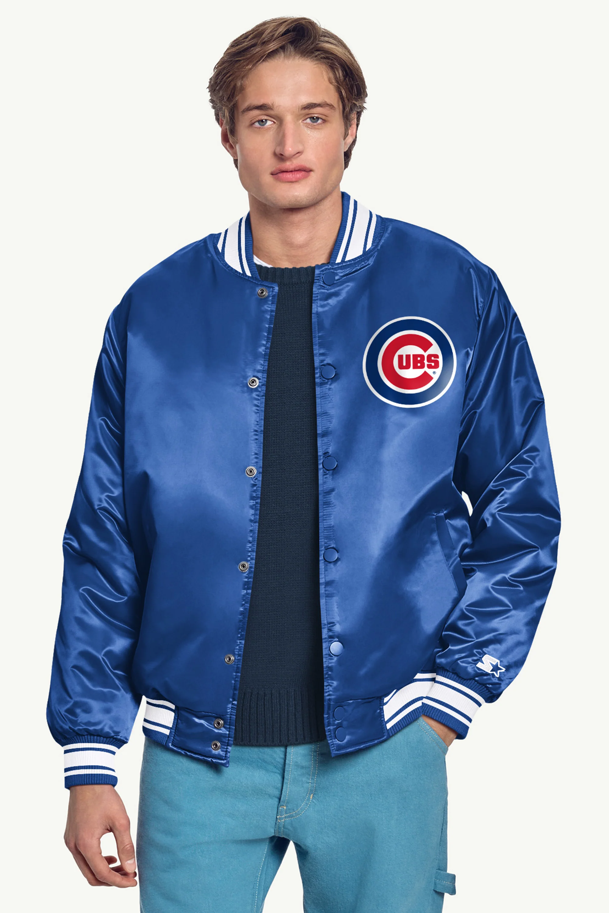 MENS CHICAGO CUBS HOMEPLATE PRINTED GRAPHIC SATIN VARSITY JACKET - Image 3