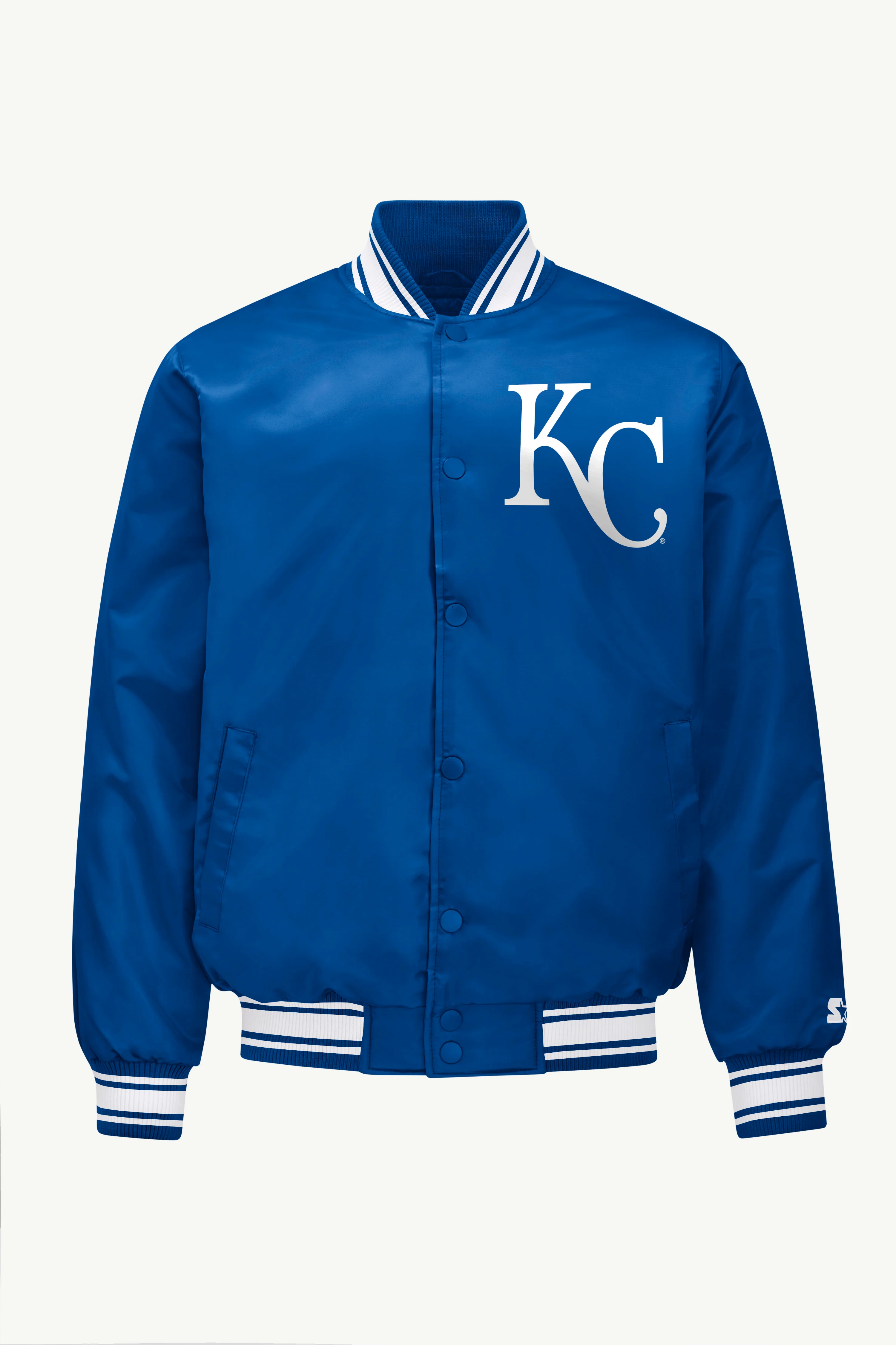 MENS KANSAS CITY ROYALS HOMEPLATE PRINTED GRAPHIC SATIN VARSITY JACKET