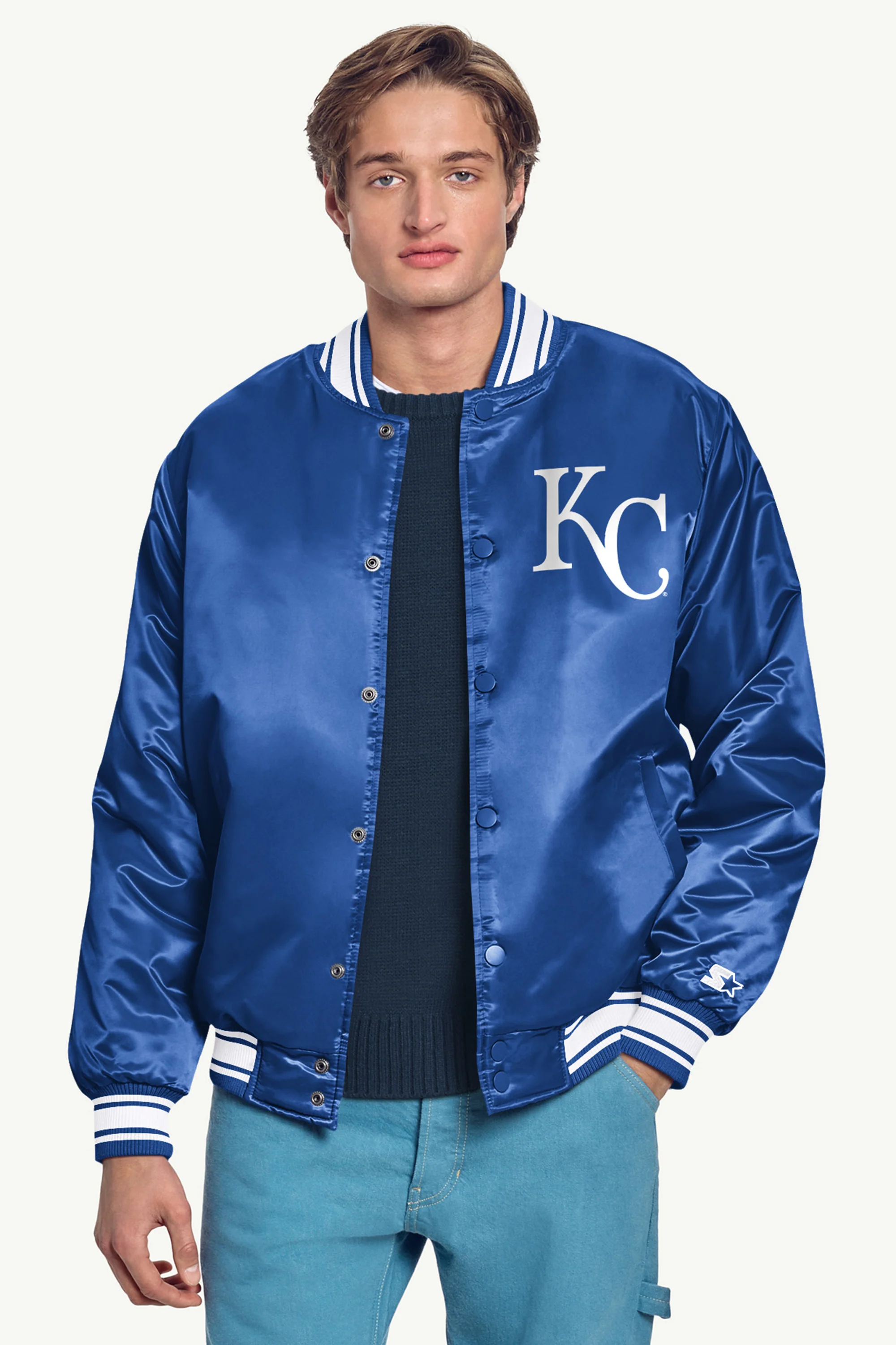 MENS KANSAS CITY ROYALS HOMEPLATE PRINTED GRAPHIC SATIN VARSITY JACKET - Image 3