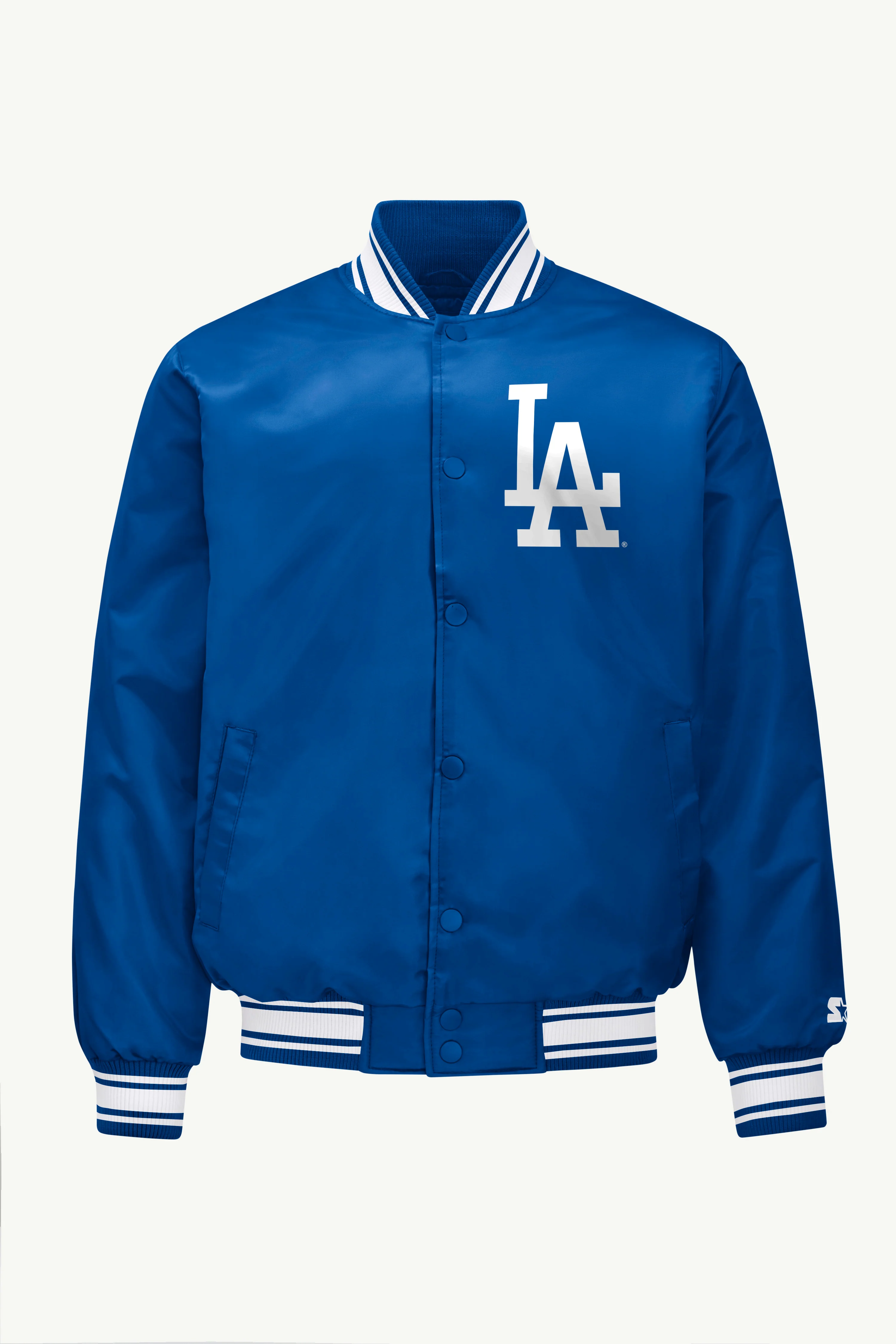 MENS LOS ANGELES DODGERS HOMEPLATE PRINTED GRAPHIC SATIN VARSITY JACKET