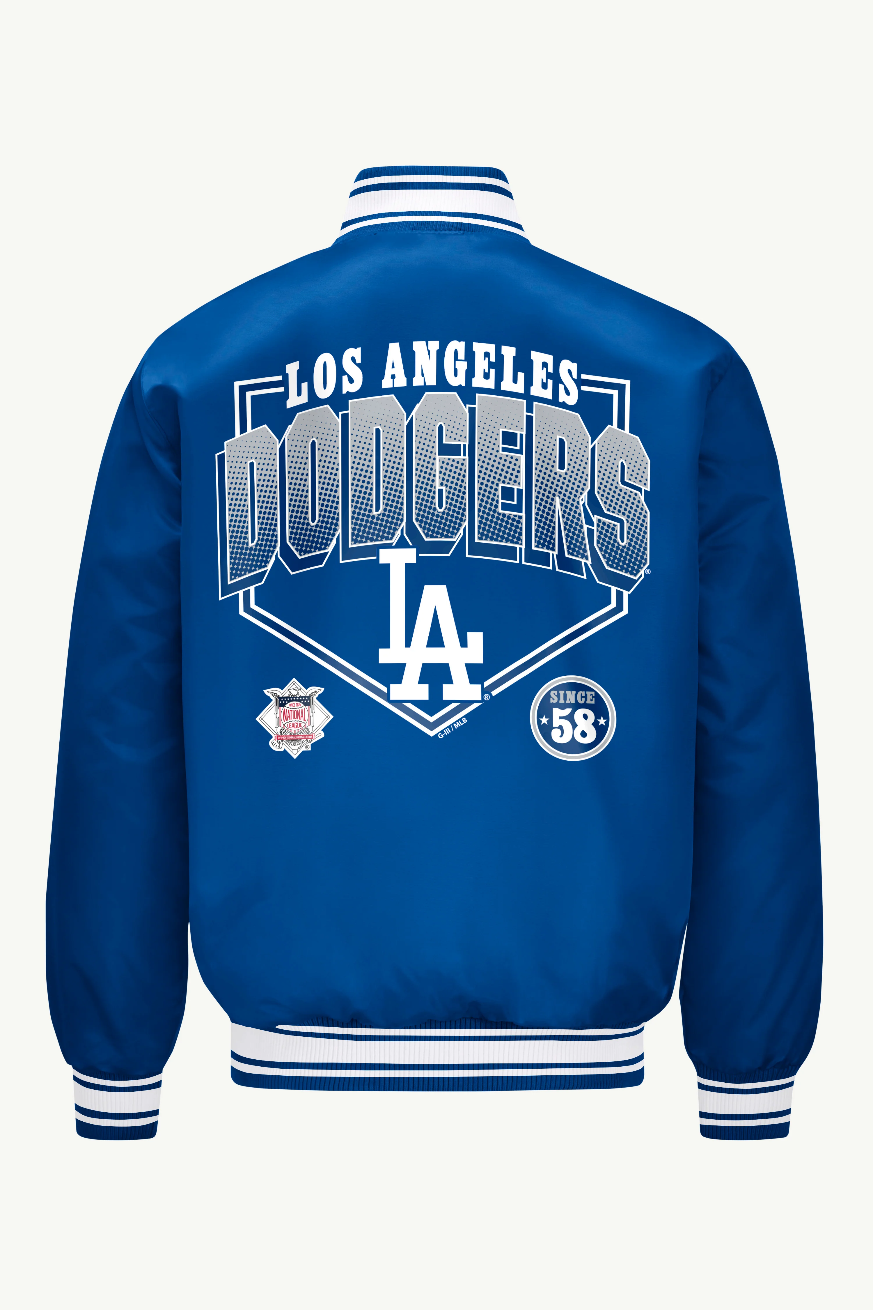 MENS LOS ANGELES DODGERS HOMEPLATE PRINTED GRAPHIC SATIN VARSITY JACKET - Image 2