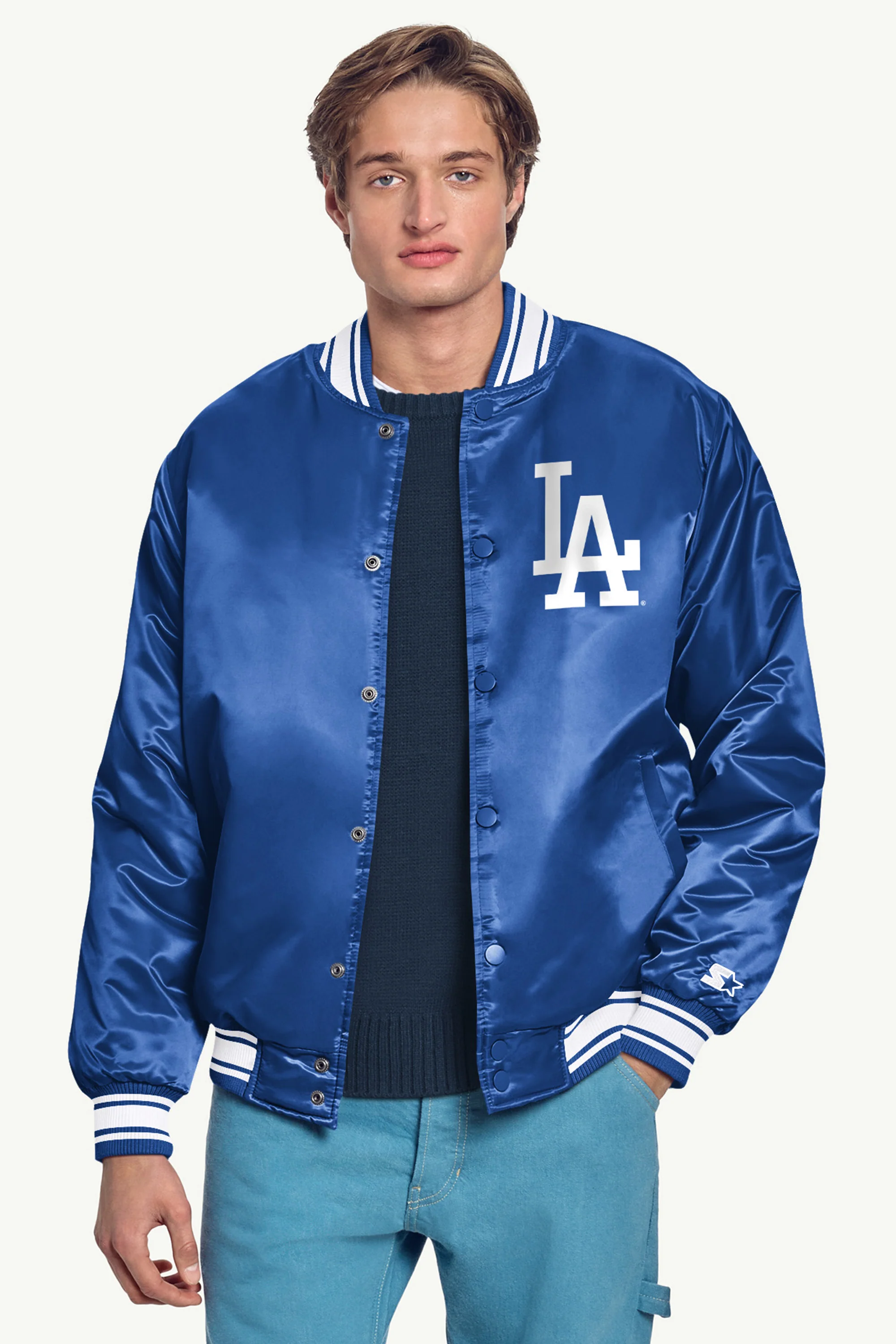 MENS LOS ANGELES DODGERS HOMEPLATE PRINTED GRAPHIC SATIN VARSITY JACKET - Image 3