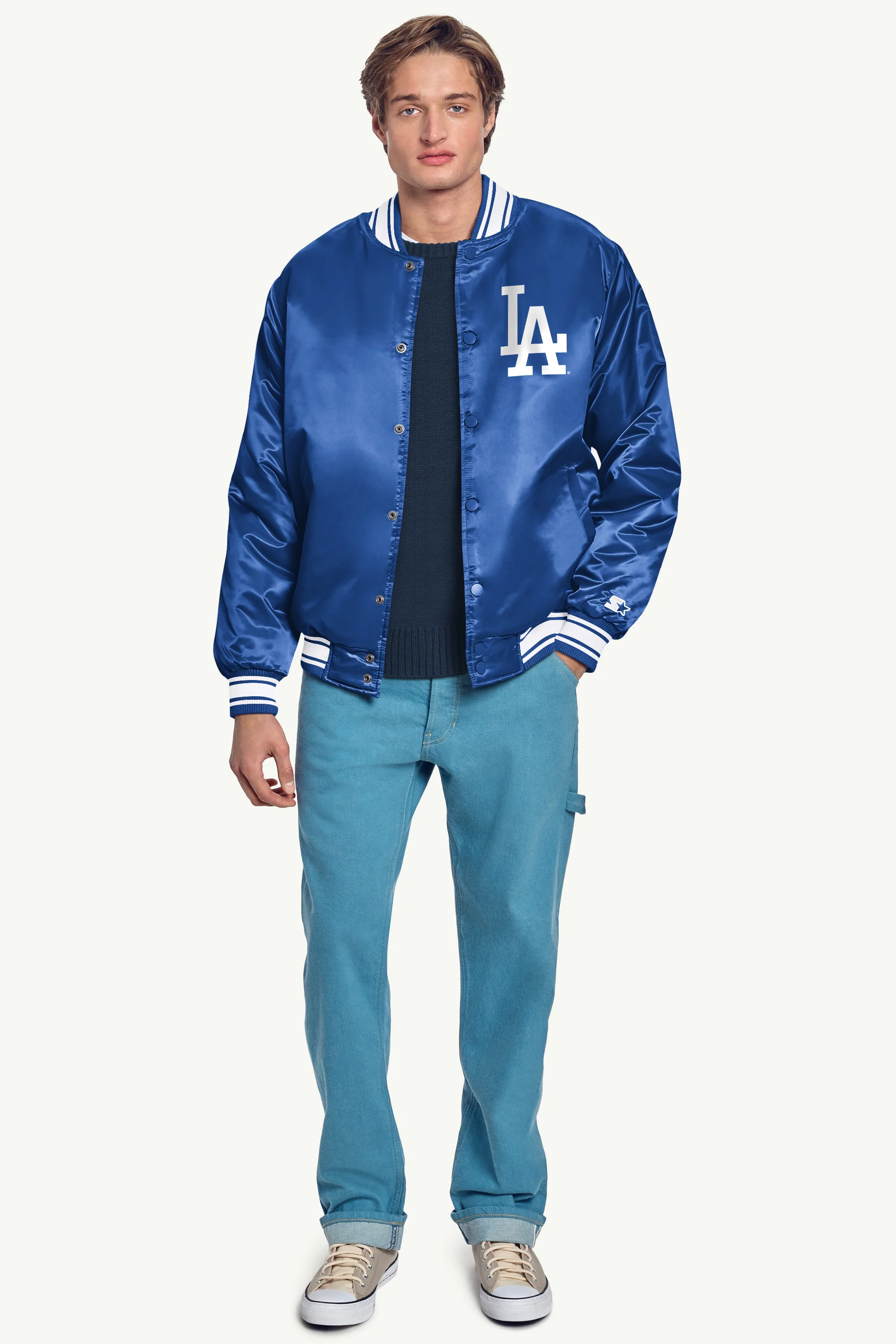 MENS LOS ANGELES DODGERS HOMEPLATE PRINTED GRAPHIC SATIN VARSITY JACKET - Image 4