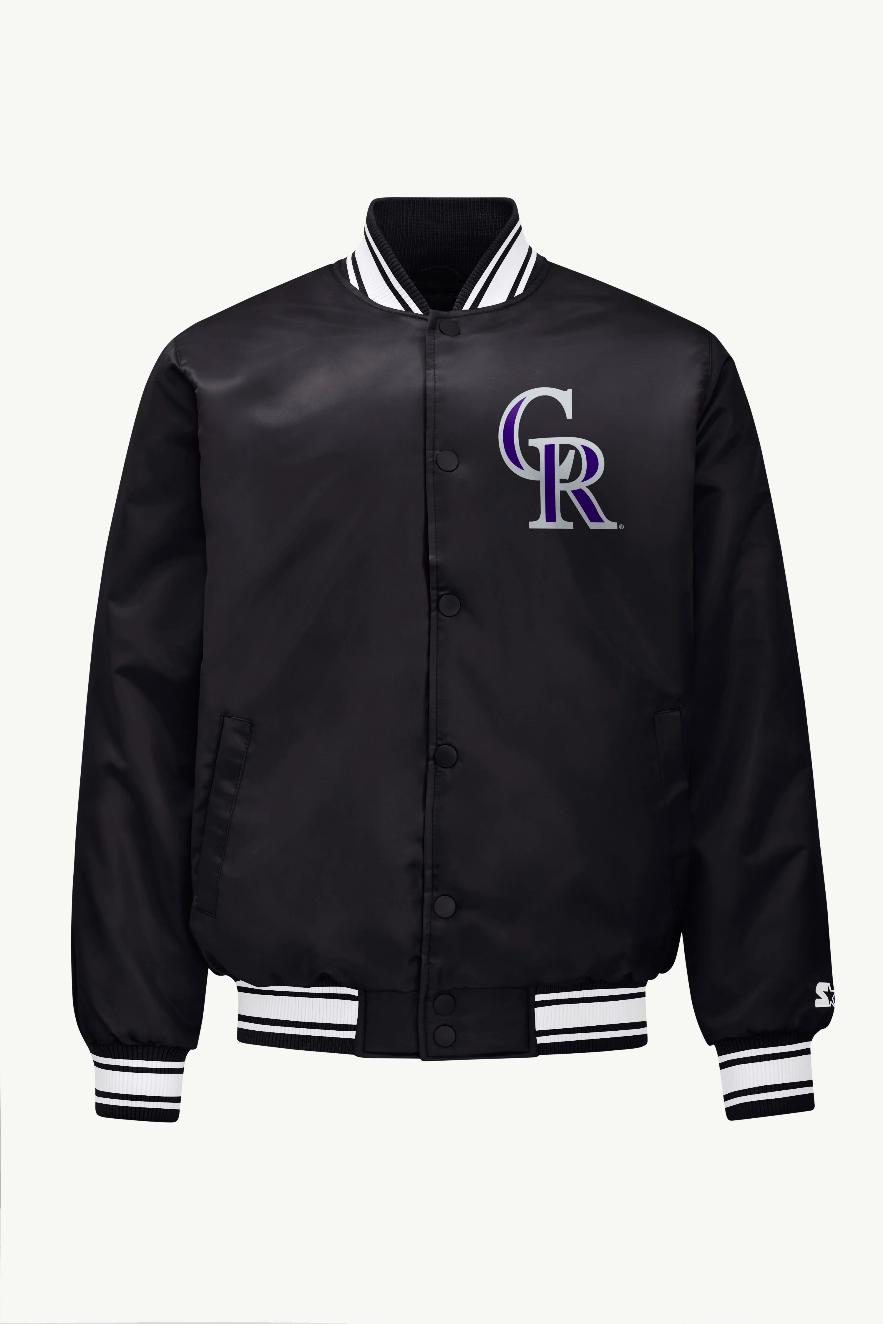 MENS COLORADO ROCKIES PRINTED HOMEPLATE SATIN VARSITY JACKET