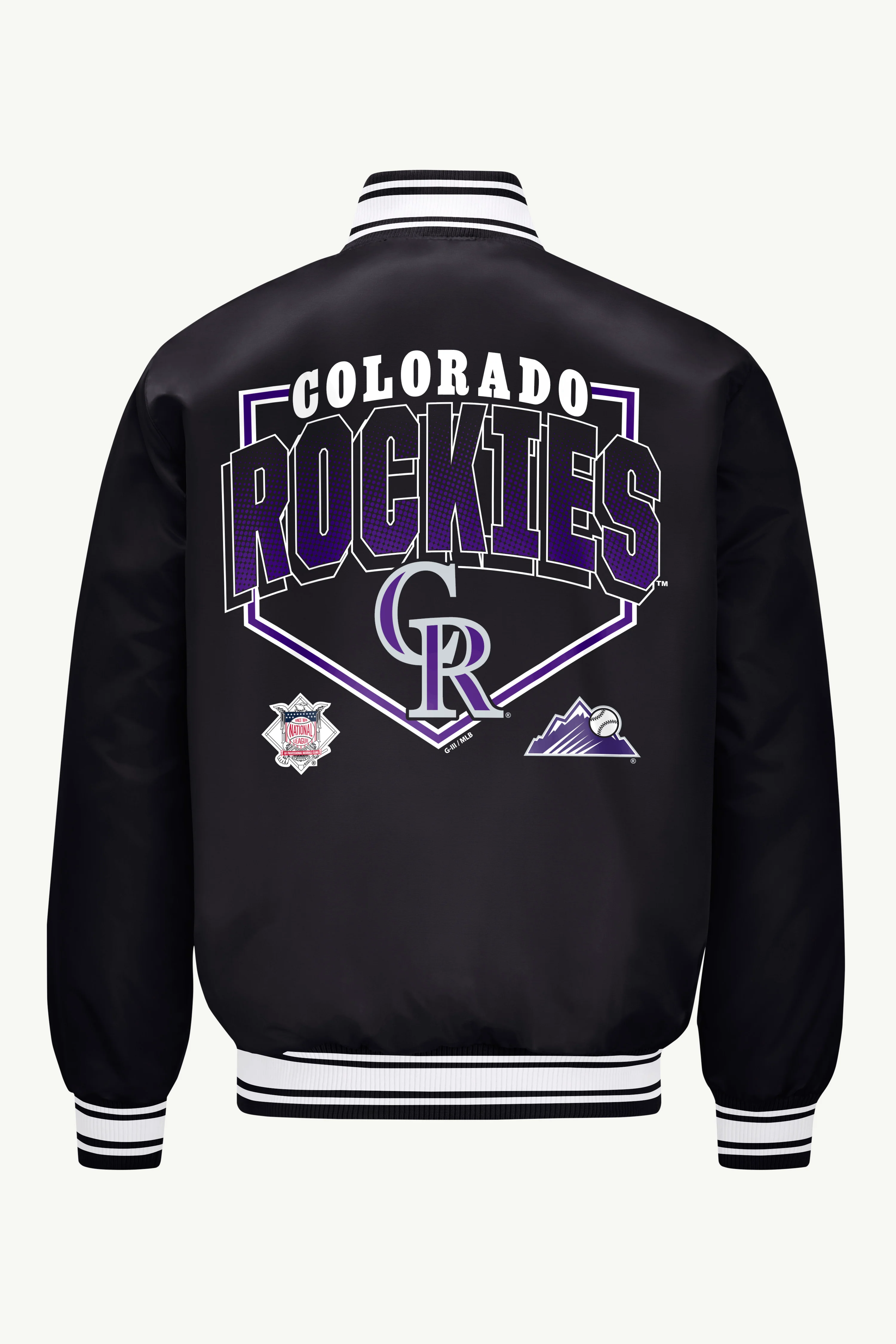 MENS COLORADO ROCKIES PRINTED HOMEPLATE SATIN VARSITY JACKET - Image 2