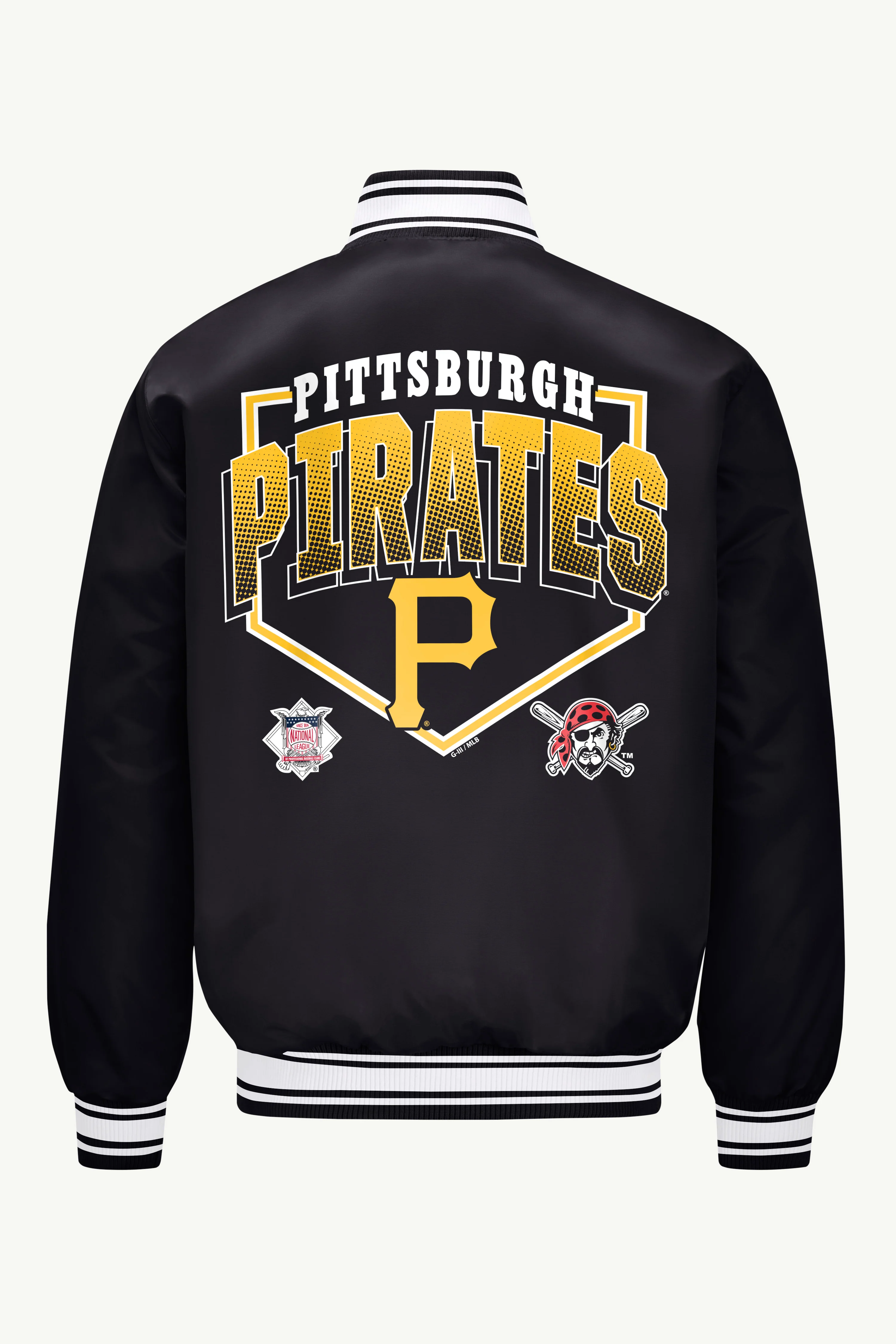 MENS PITTSBURGH PIRATES PRINTED HOMEPLATE SATIN VARSITY JACKET - Image 2