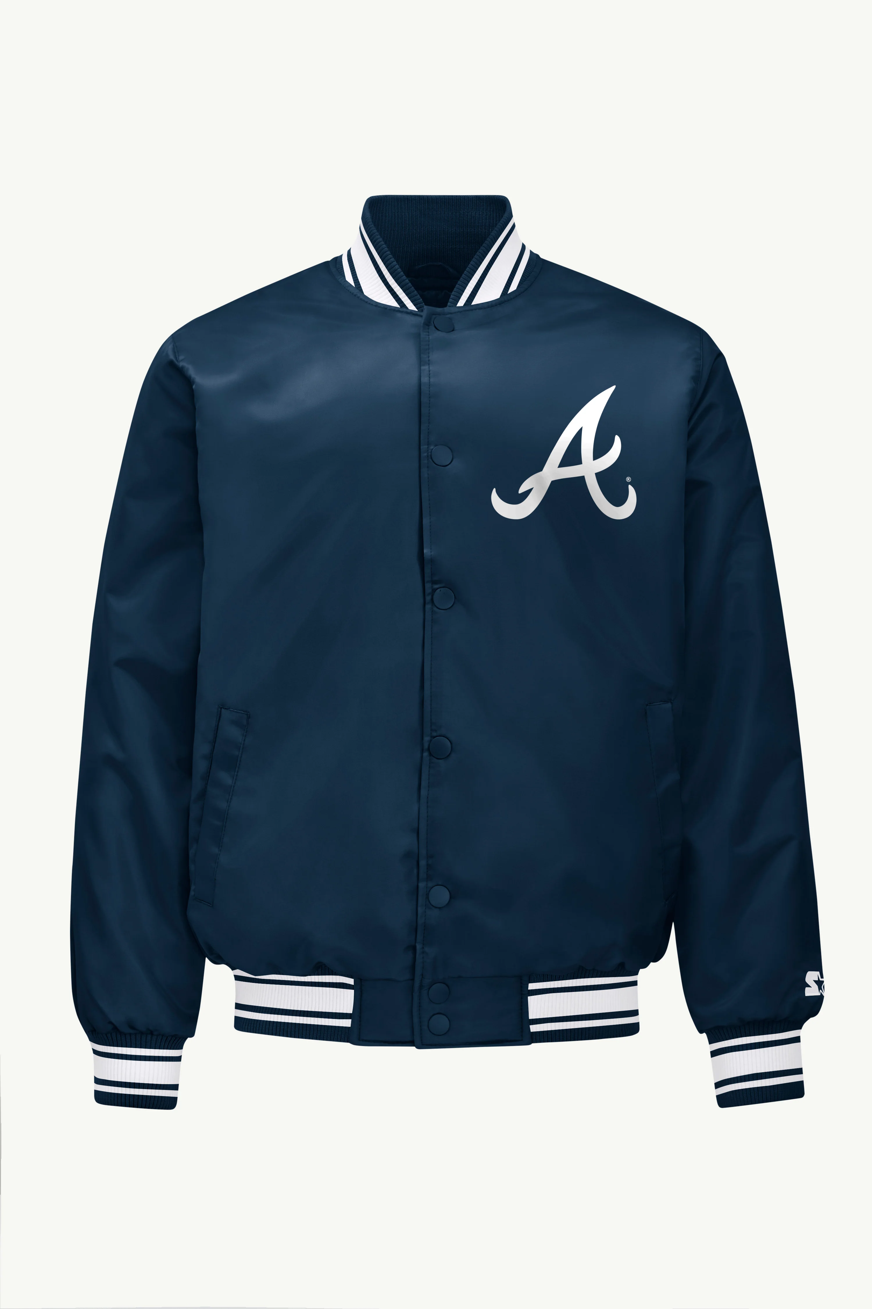 MENS ATLANTA BRAVES PRINTED HOMEPLATE SATIN VARSITY JACKET