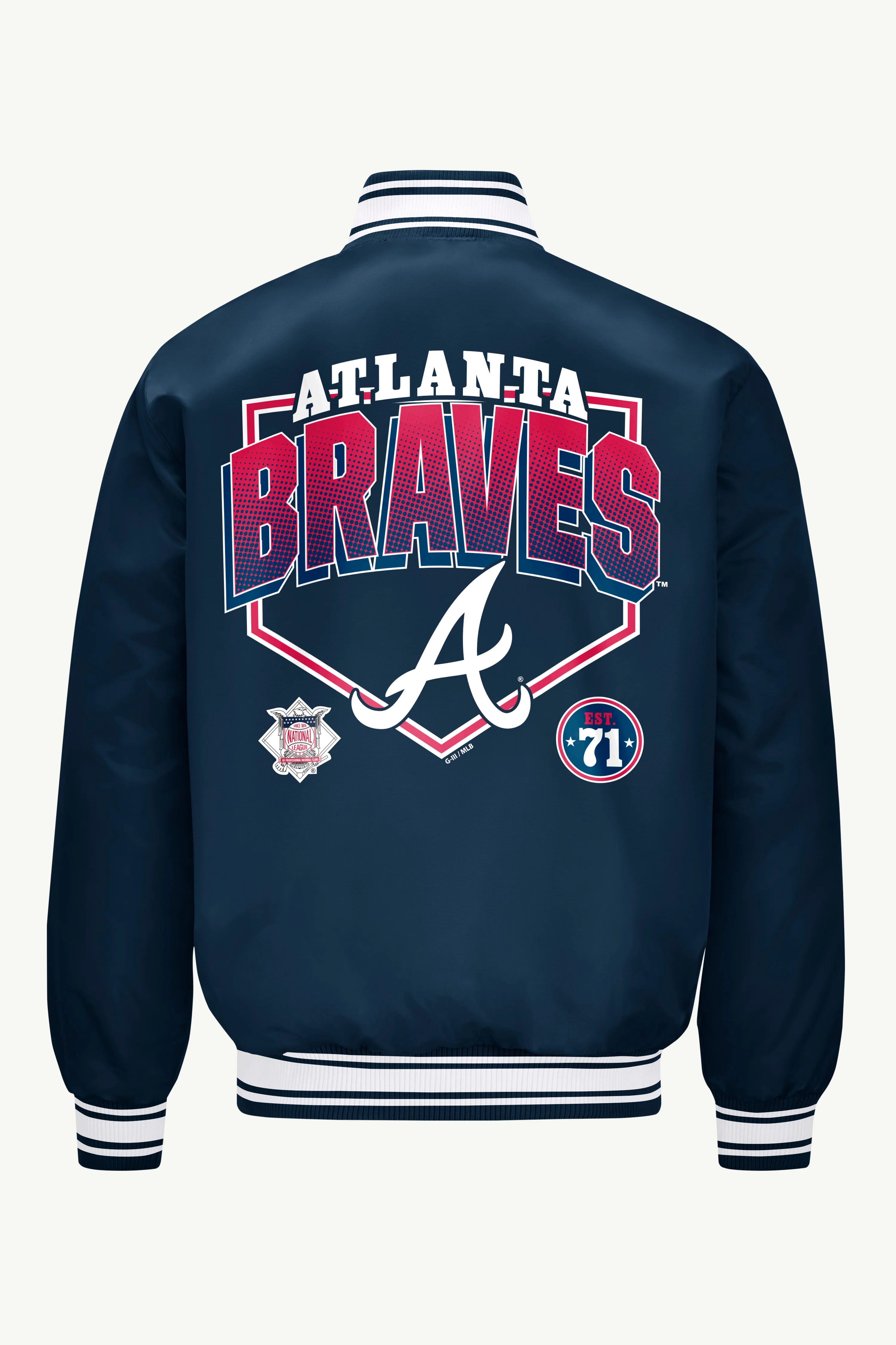 MENS ATLANTA BRAVES PRINTED HOMEPLATE SATIN VARSITY JACKET - Image 2