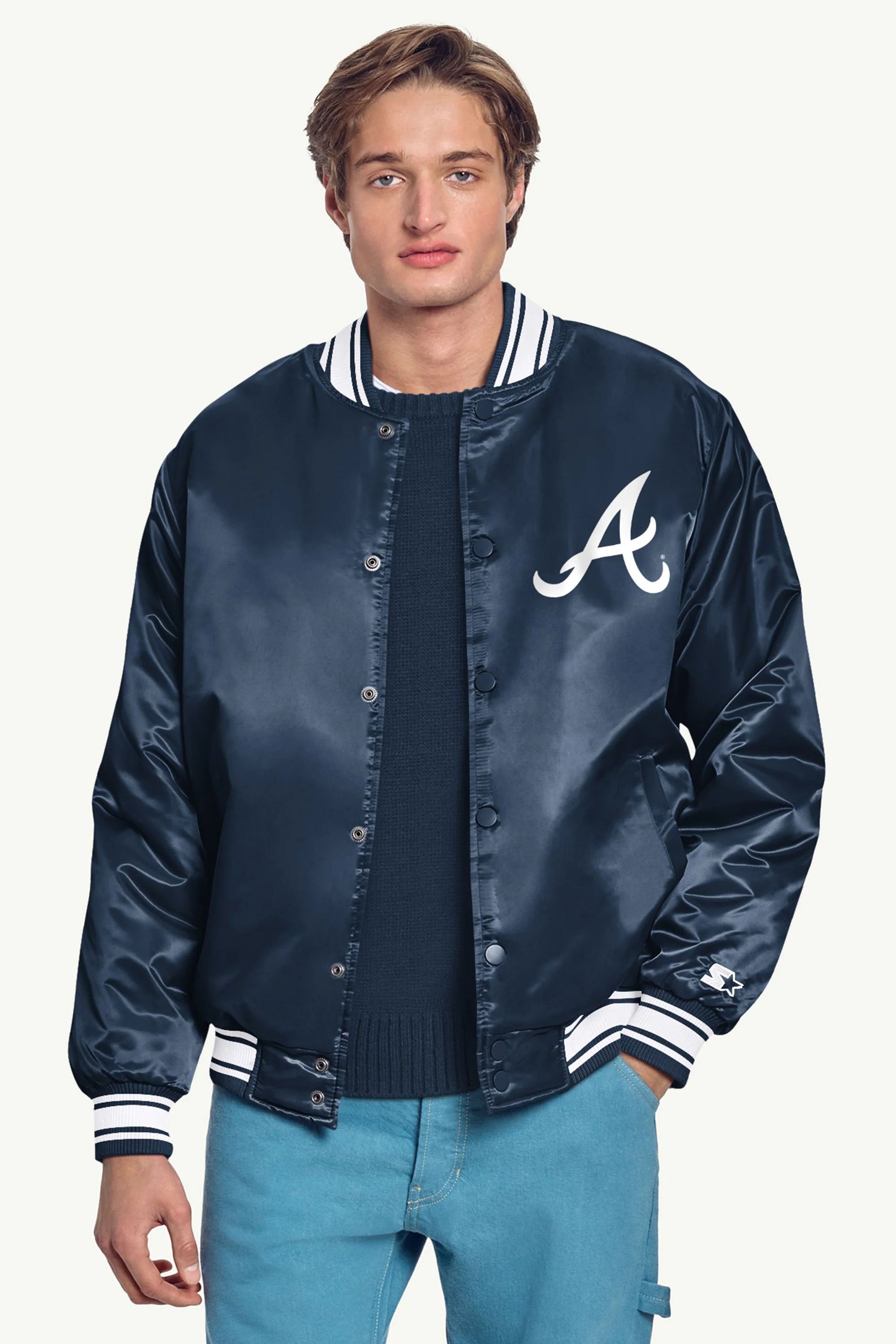 MENS ATLANTA BRAVES PRINTED HOMEPLATE SATIN VARSITY JACKET - Image 3