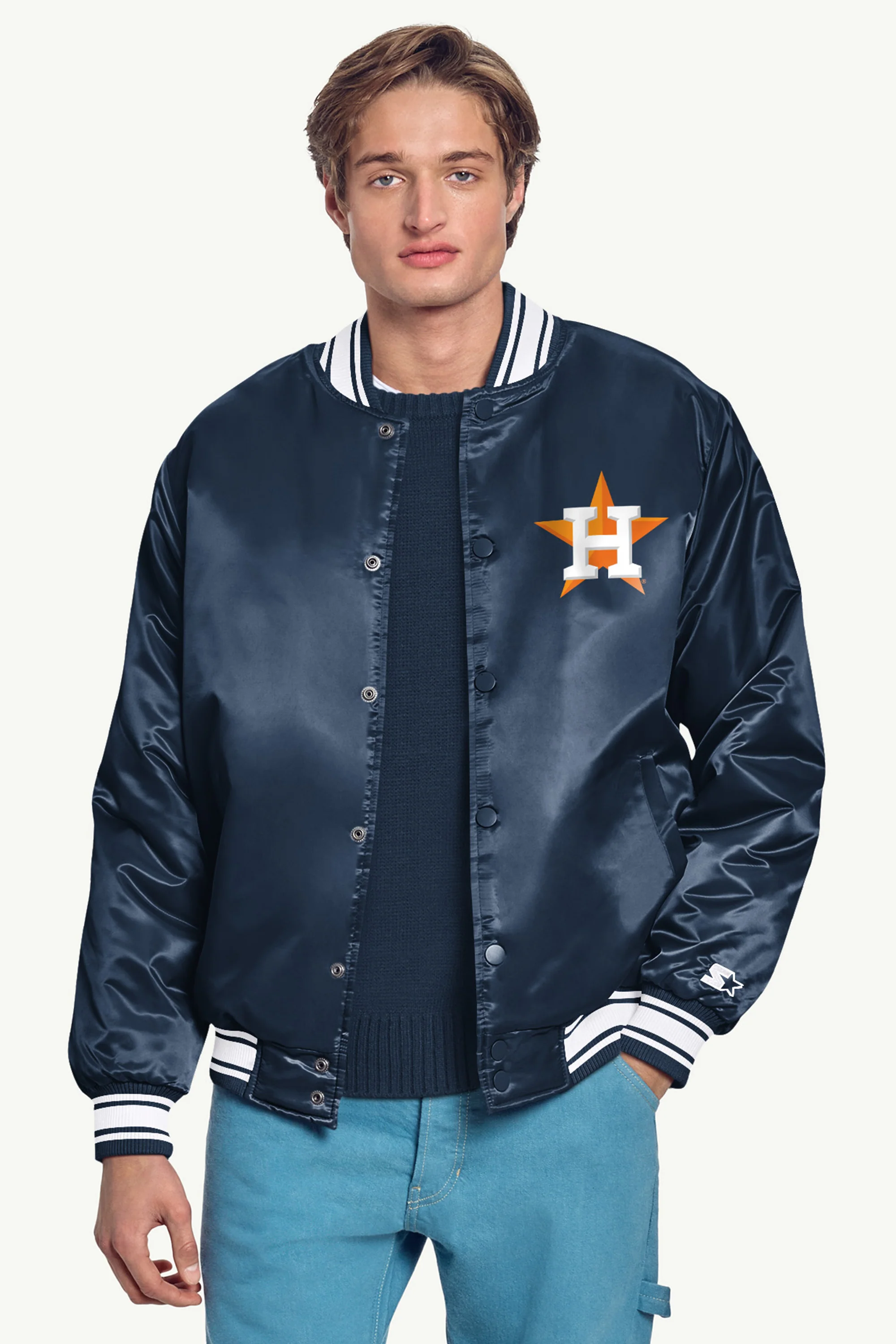 MENS HOUSTON ASTROS PRINTED HOMEPLATE SATIN VARSITY JACKET - Image 3