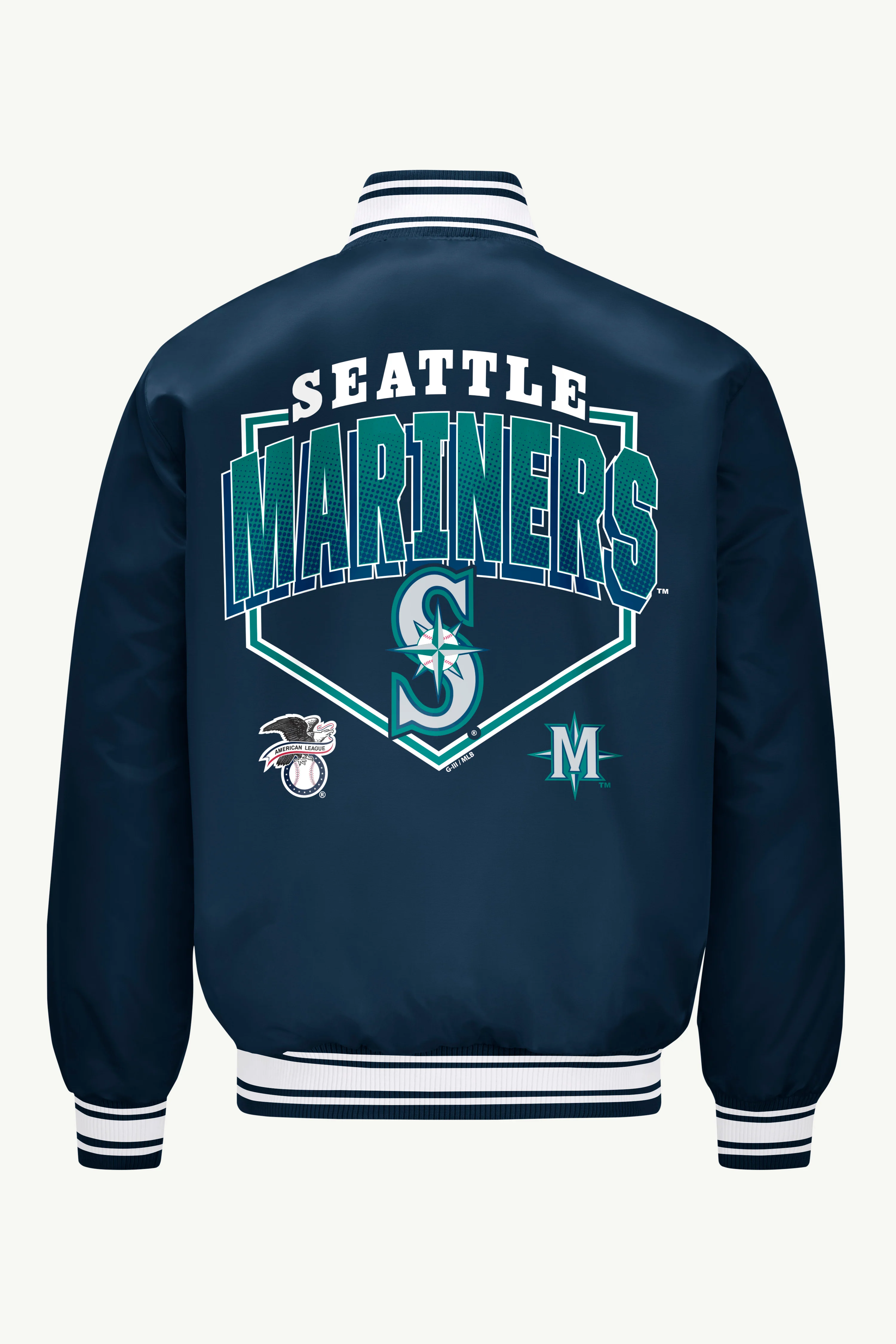 MENS SEATTLE MARINERS PRINTED HOMEPLATE SATIN VARSITY JACKET - Image 2