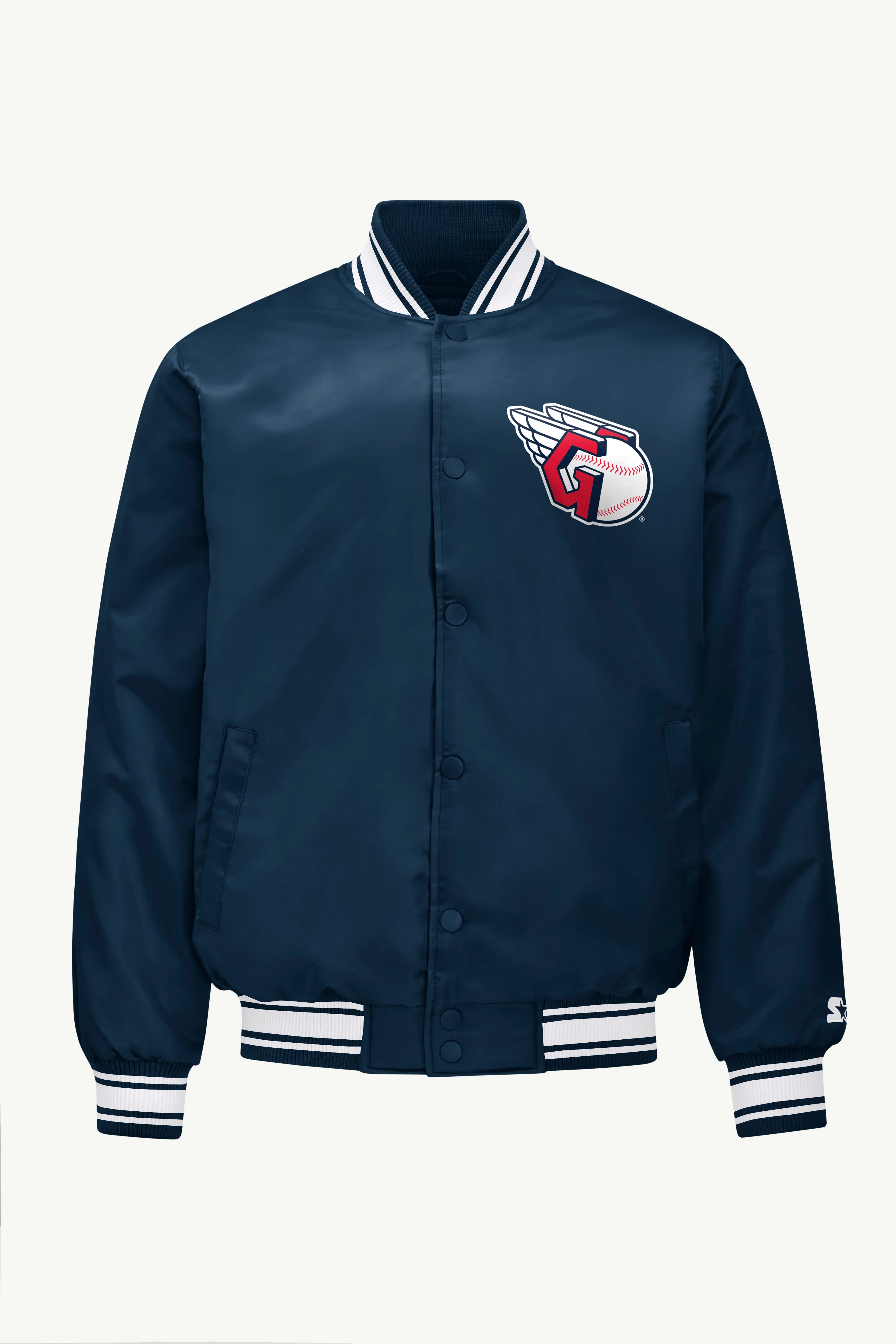 MENS CLEVELAND GUARDIANS PRINTED HOMEPLATE SATIN VARSITY JACKET