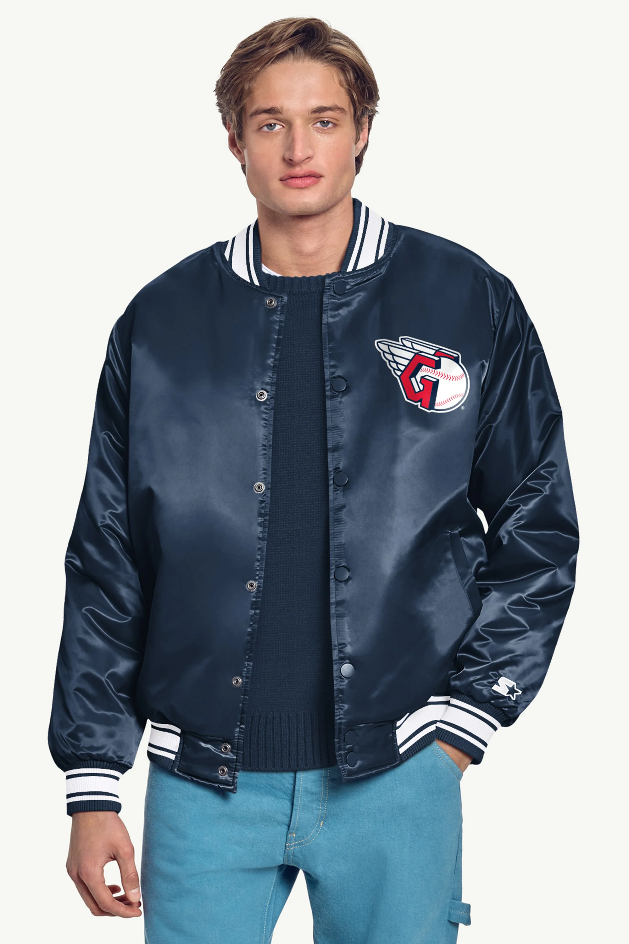 MENS CLEVELAND GUARDIANS PRINTED HOMEPLATE SATIN VARSITY JACKET - Image 3