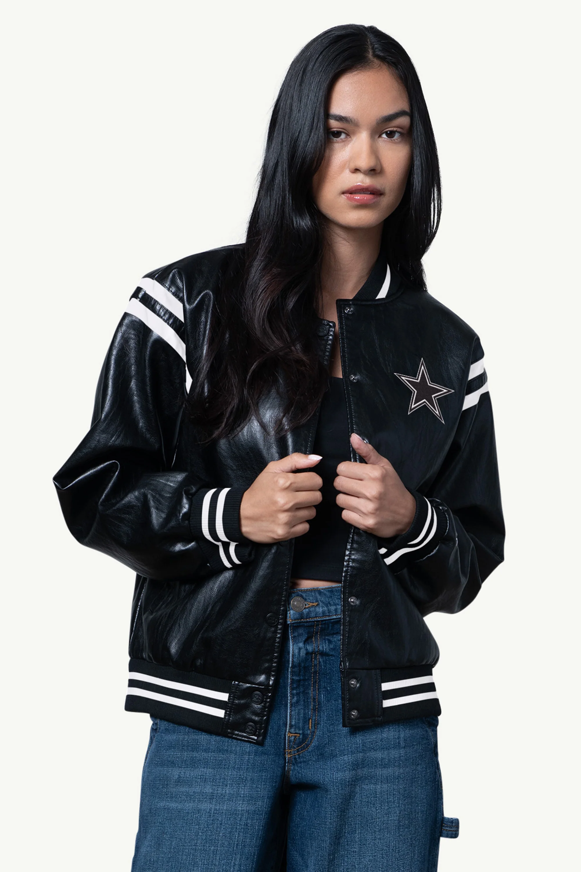 WOMENS DALLAS COWBOYS FAUX LEATHER VARSITY JACKET