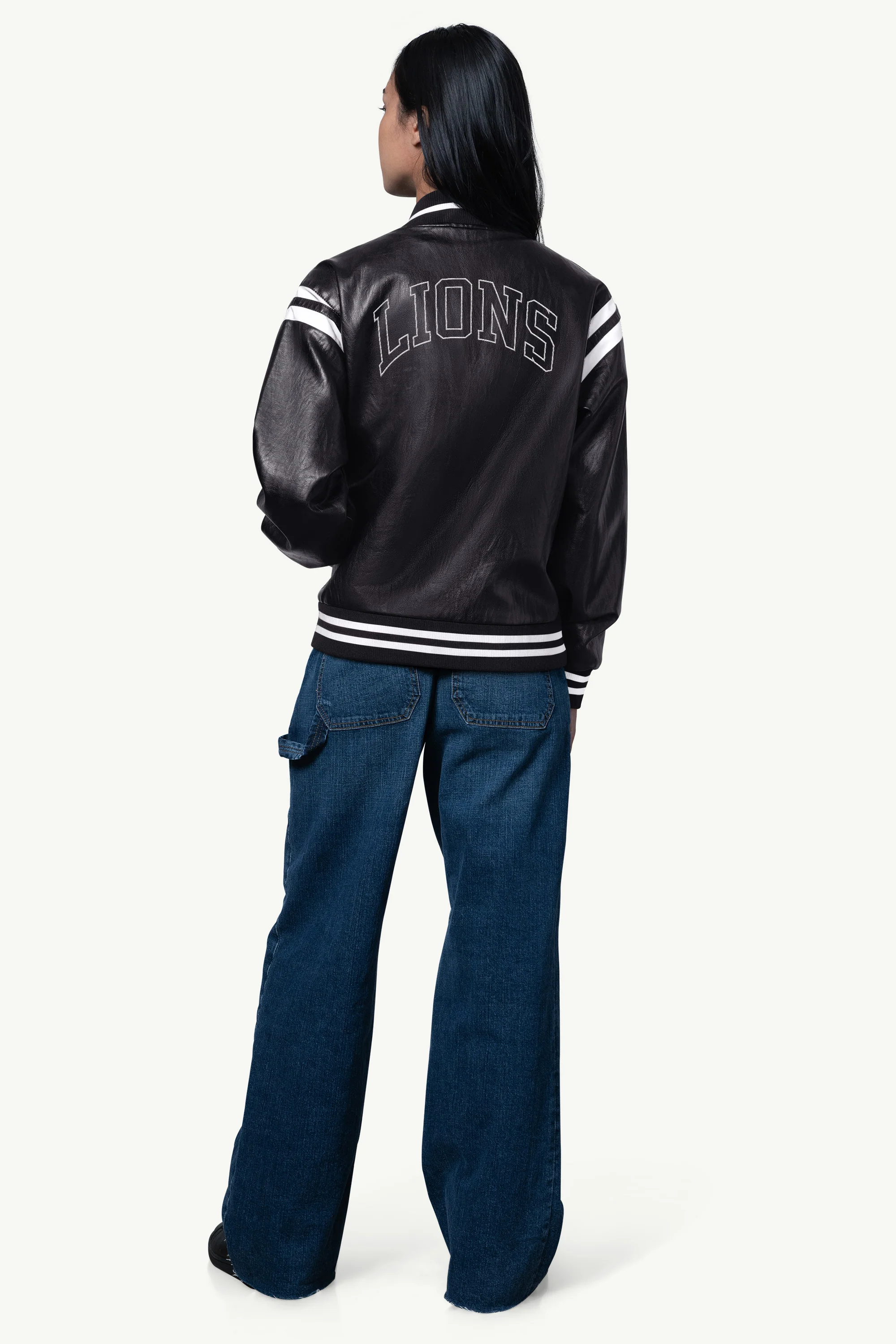 WOMENS DETROIT LIONS FAUX LEATHER VARSITY JACKET - Image 2
