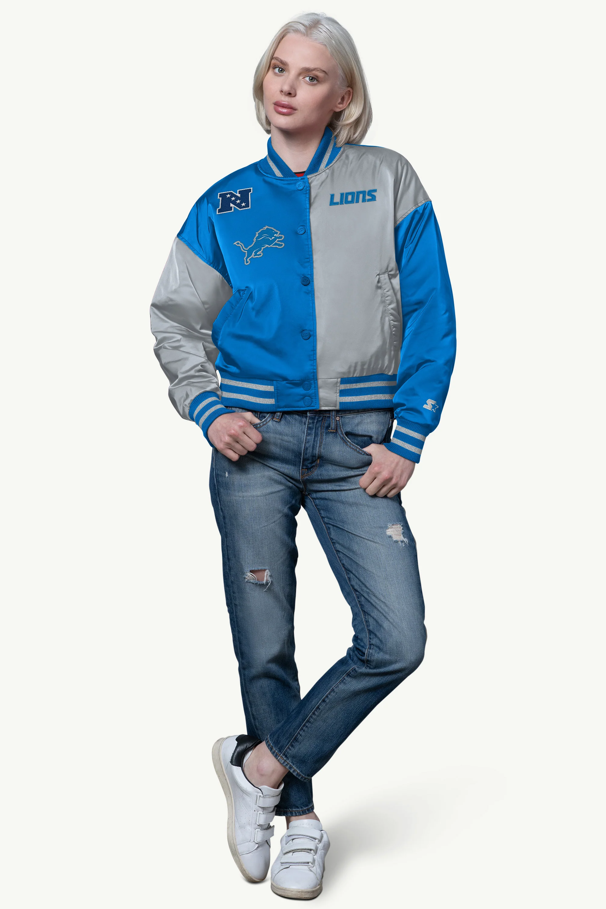 WOMENS DETROIT LIONS OFFSIDE SATIN VARSITY JACKET - Image 3