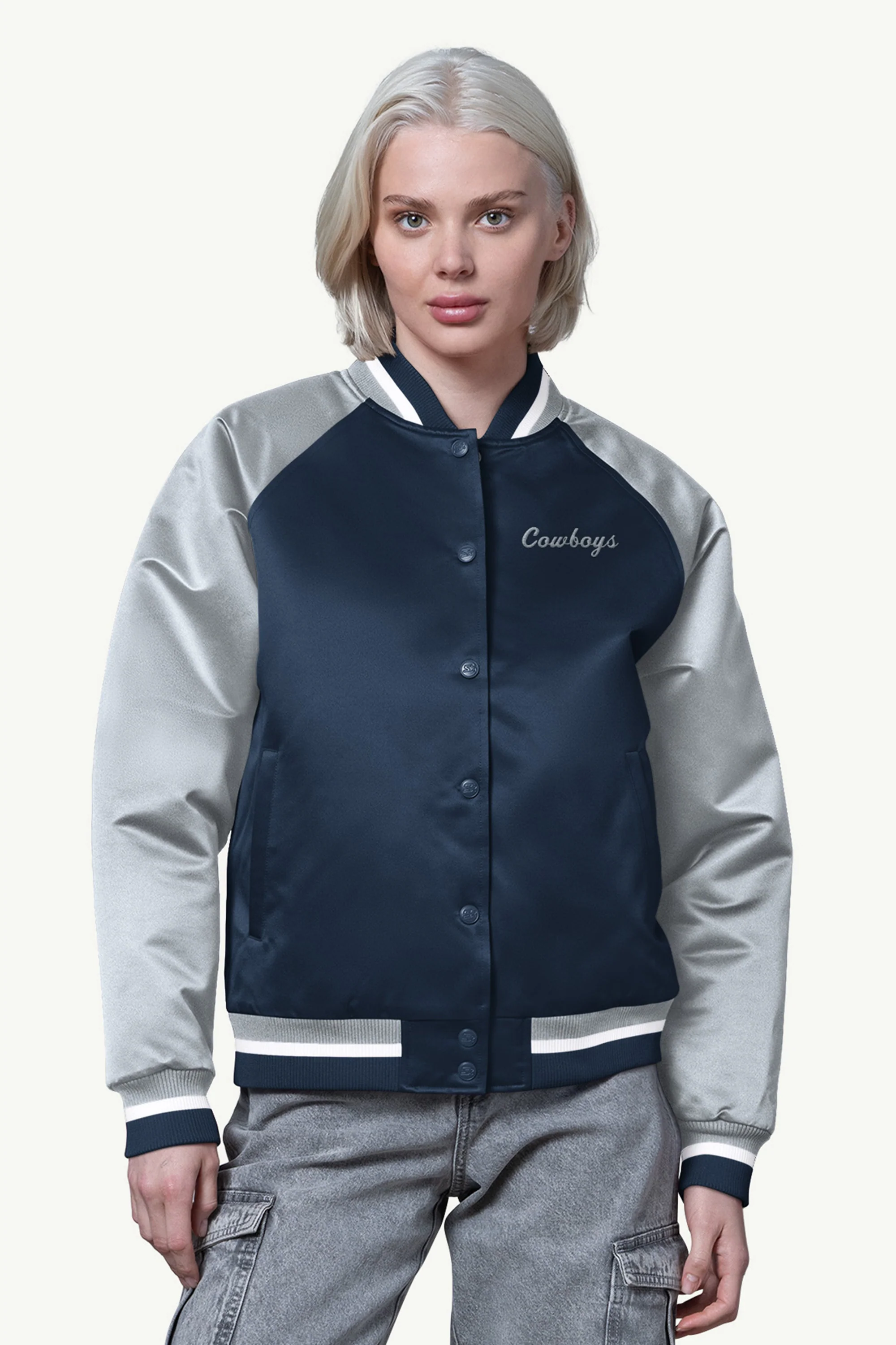 WOMENS DALLAS COWBOYS FINAL SCORE SATIN VARSITY JACKET