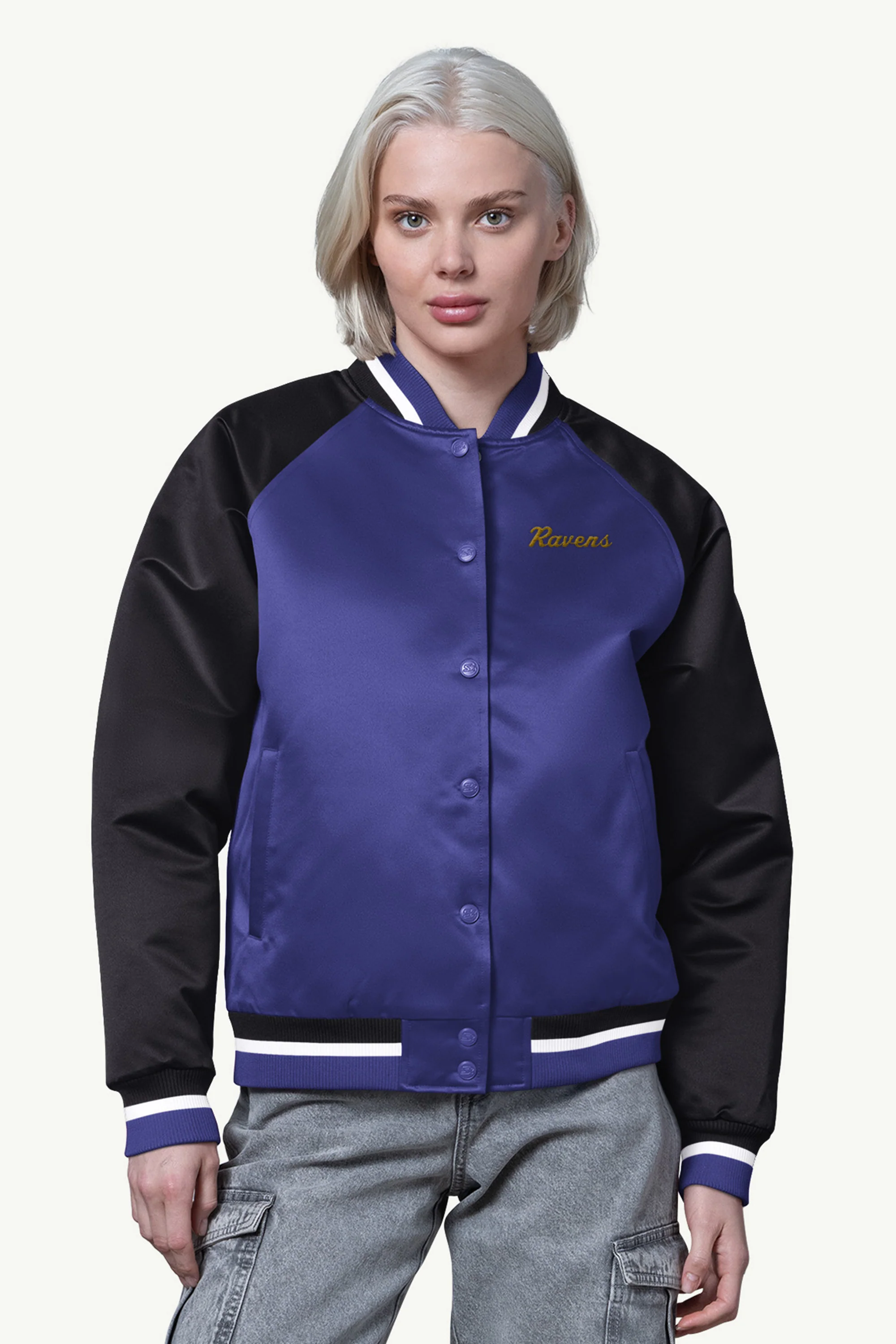 WOMENS BALTIMORE RAVENS FINAL SCORE SATIN VARSITY JACKET