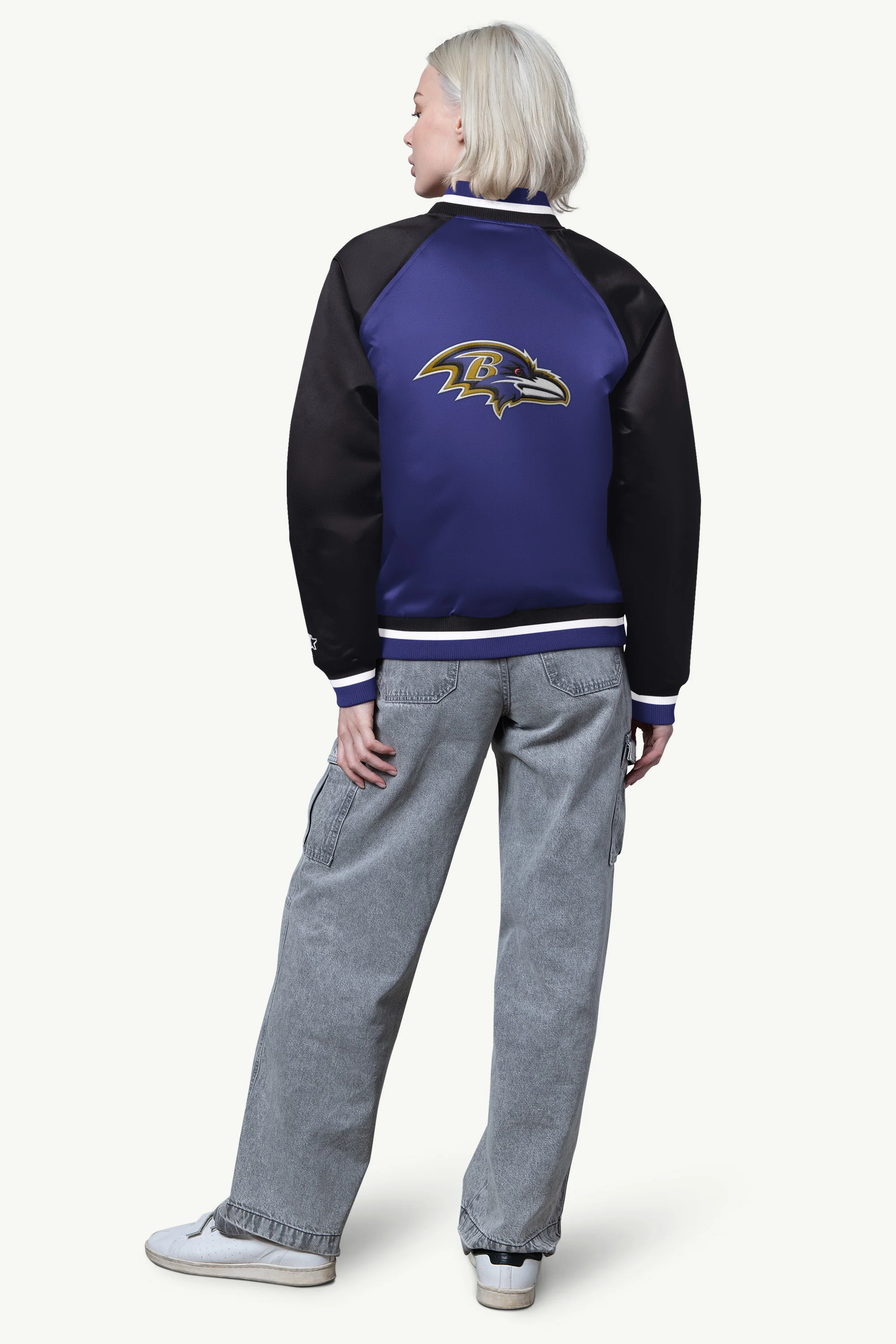 WOMENS BALTIMORE RAVENS FINAL SCORE SATIN VARSITY JACKET - Image 2