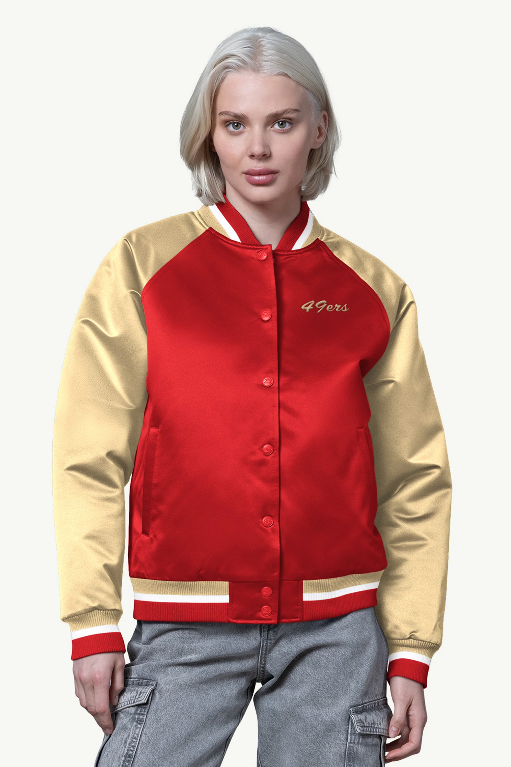 WOMENS SAN FRANCISCO 49ERS FINAL SCORE SATIN VARSITY JACKET