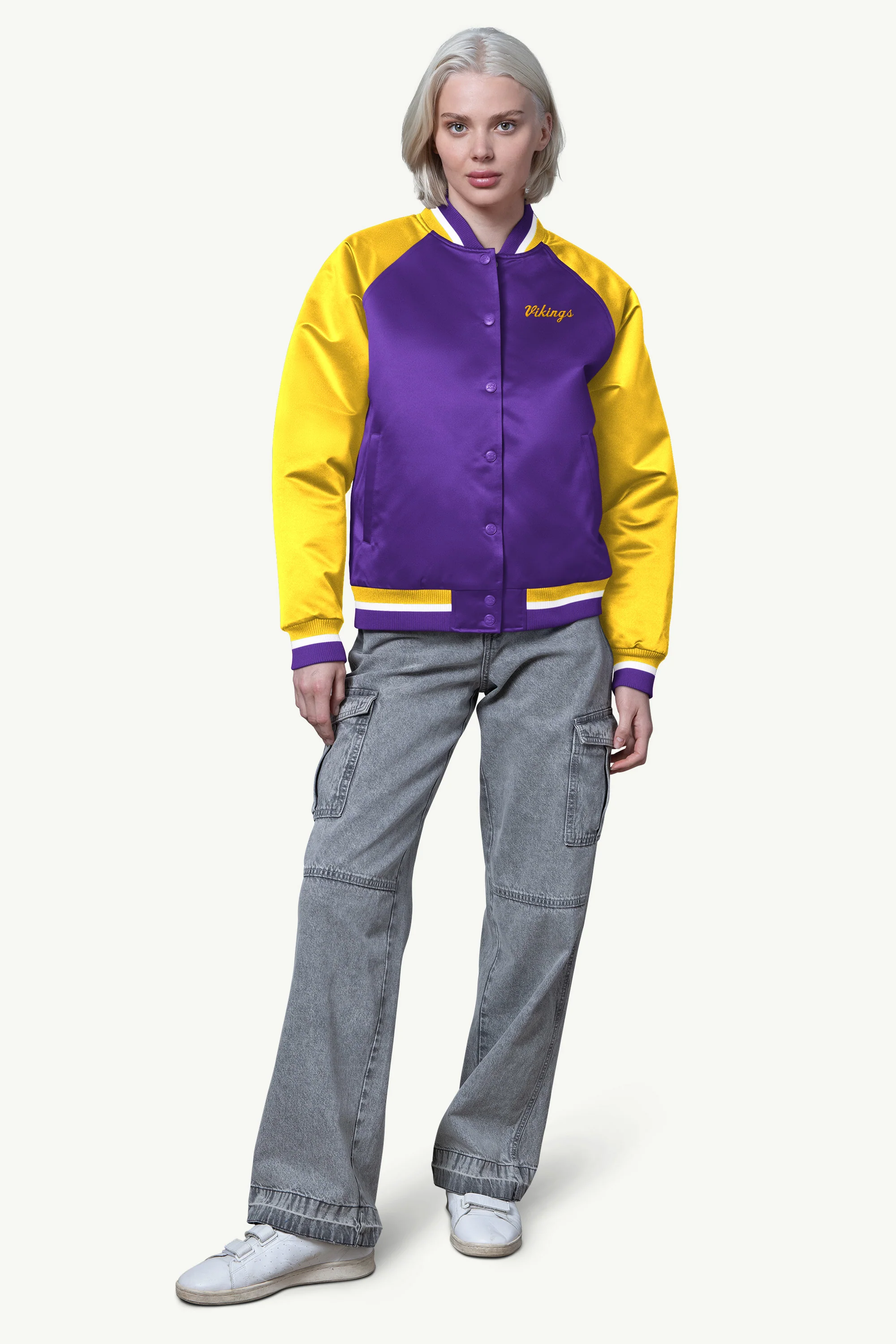 WOMENS MINNESOTA VIKINGS FINAL SCORE SATIN VARSITY JACKET - Image 3