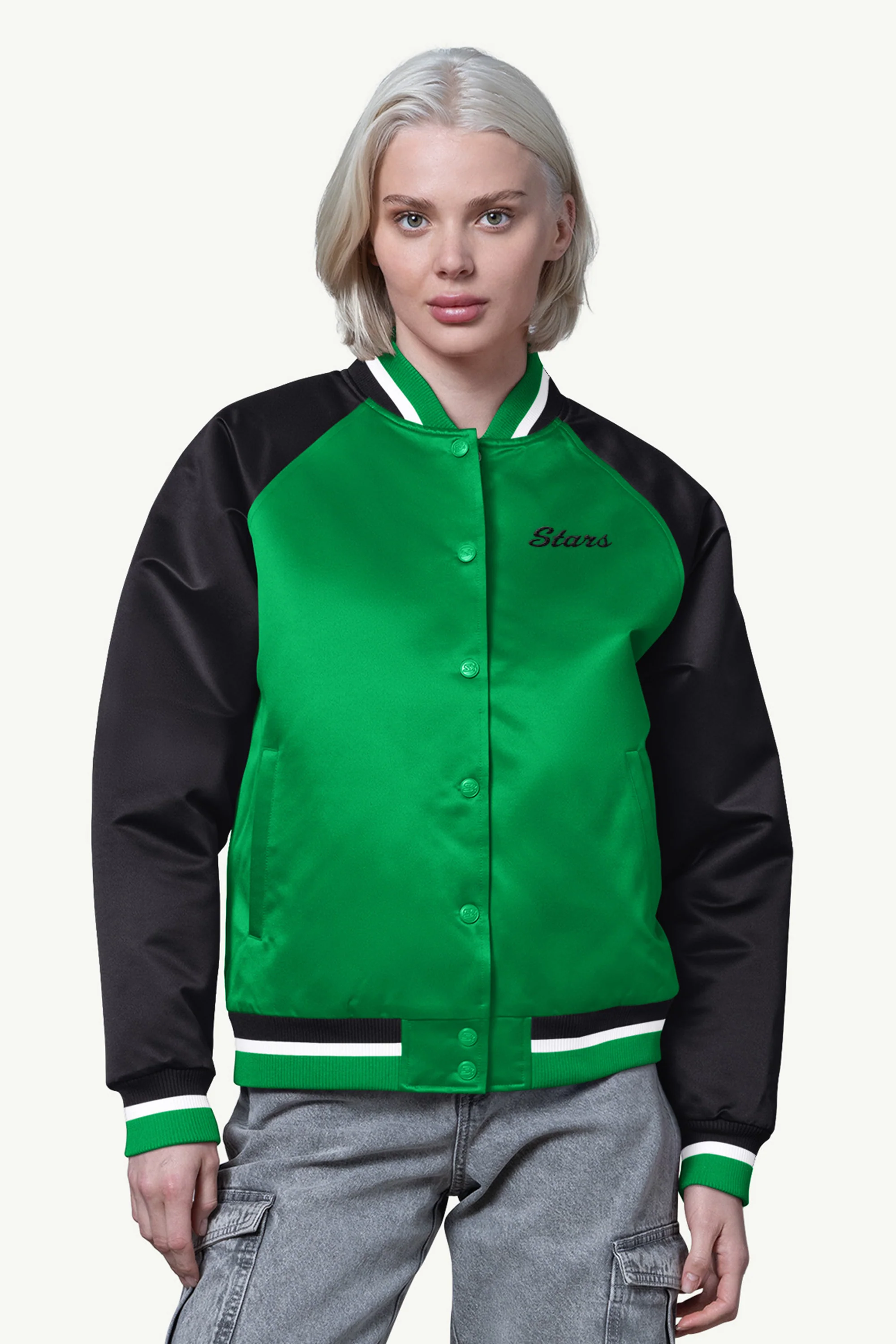 WOMENS DALLAS STARS FINAL SCORE SATIN VARSITY JACKET