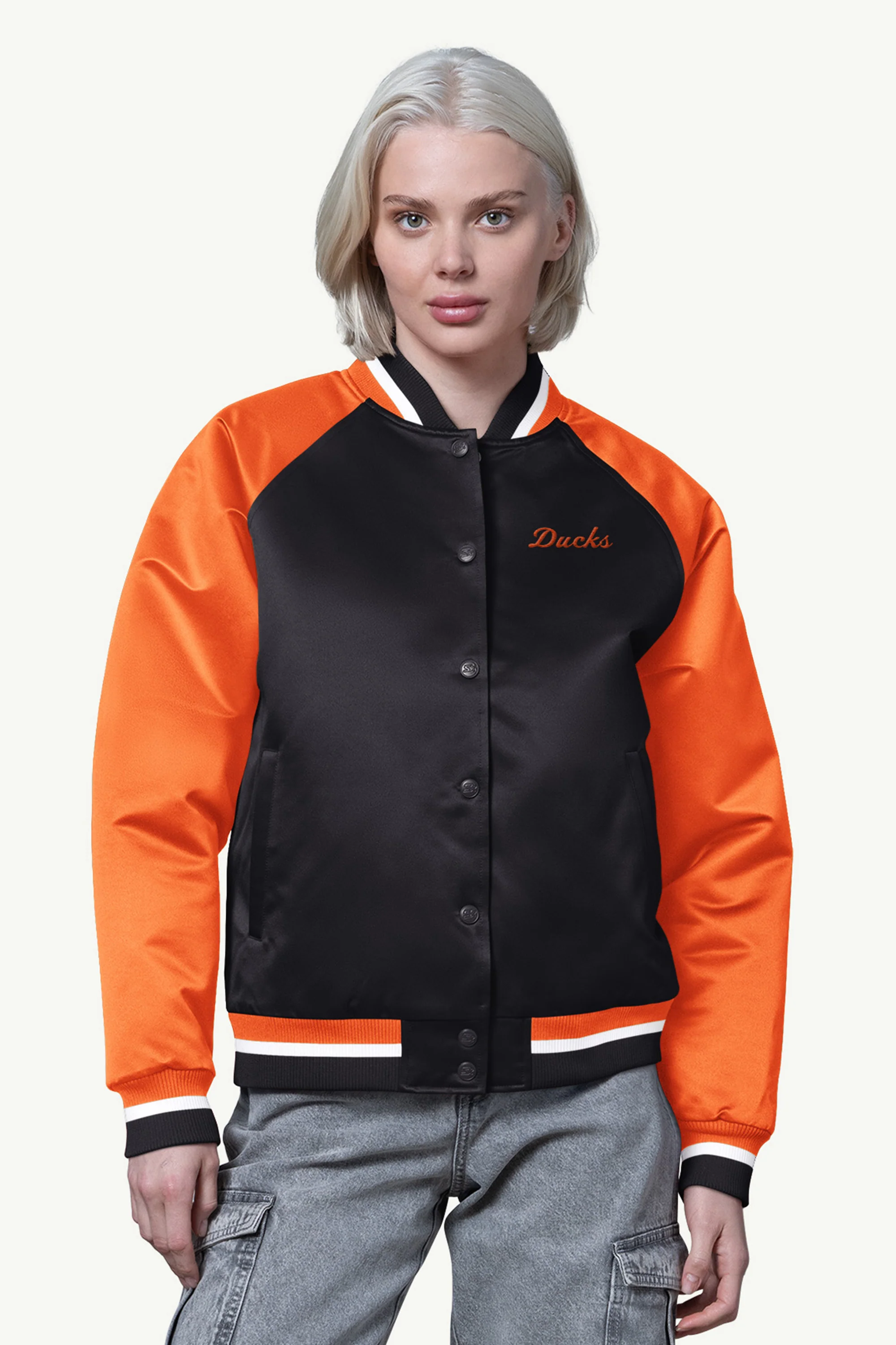 WOMENS ANAHAEIM DUCKS FINAL SCORE SATIN VARSITY JACKET