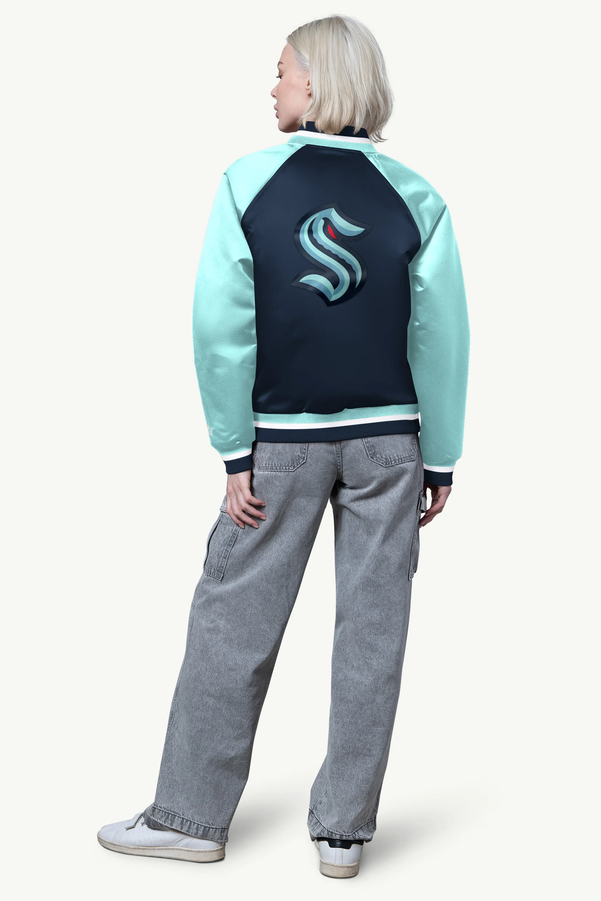 WOMENS SEATTLE KRAKEN FINAL SCORE SATIN VARSITY JACKET - Image 2