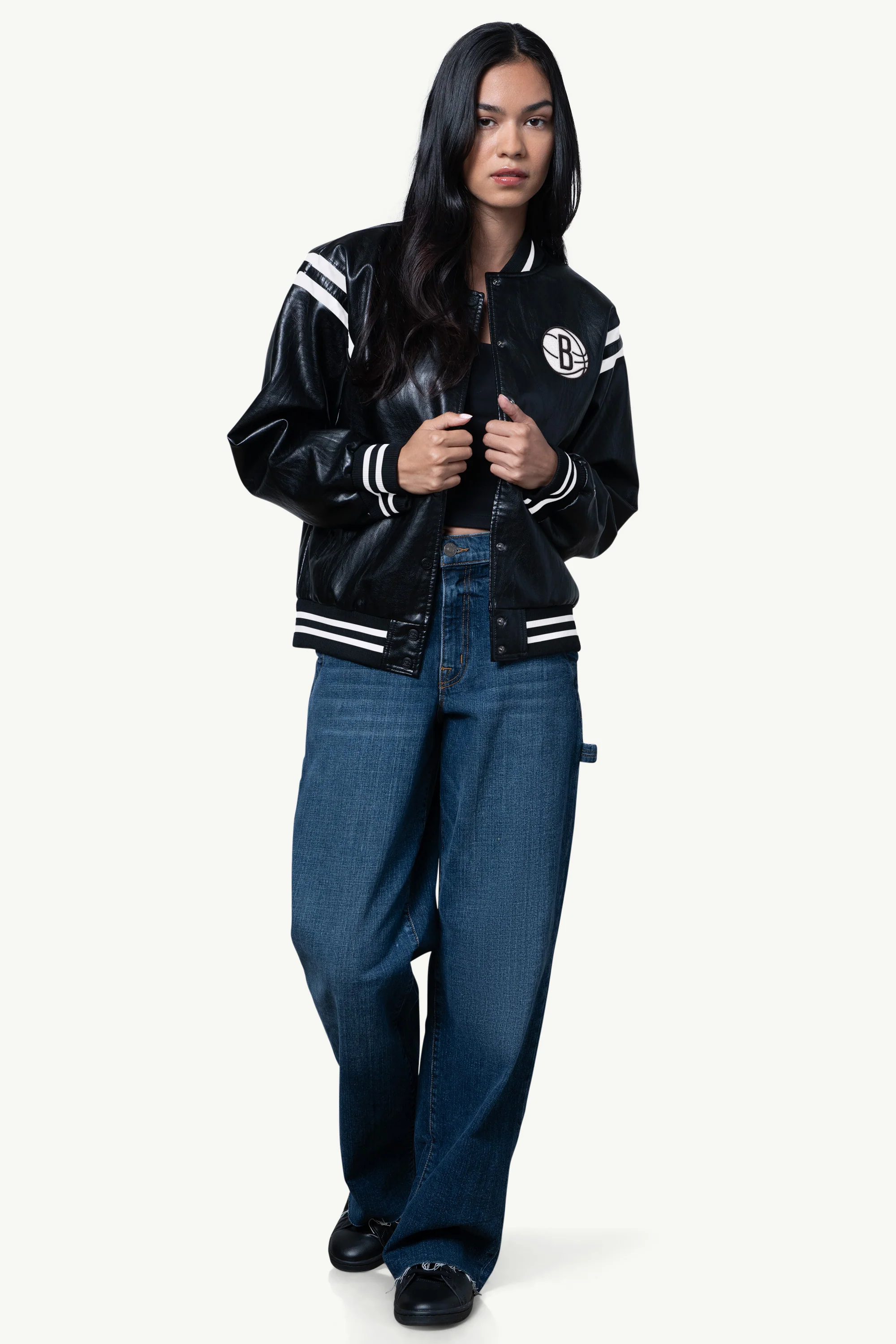 WOMENS BROOKLYN NETS FAUX LEATHER VARSITY JACKET - Image 3
