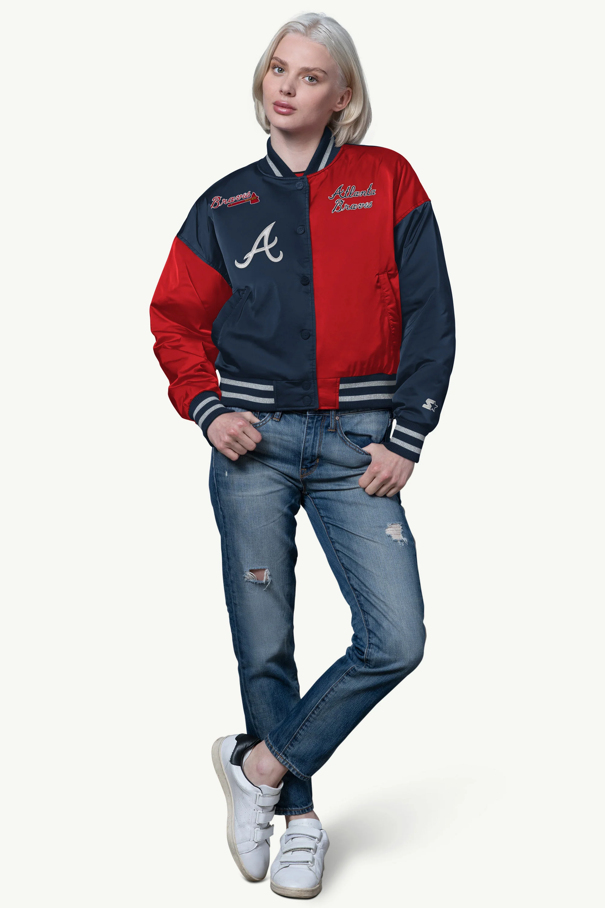 WOMENS ATLANTA BRAVES OFFSIDE SATIN VARSITY JACKET - Image 3