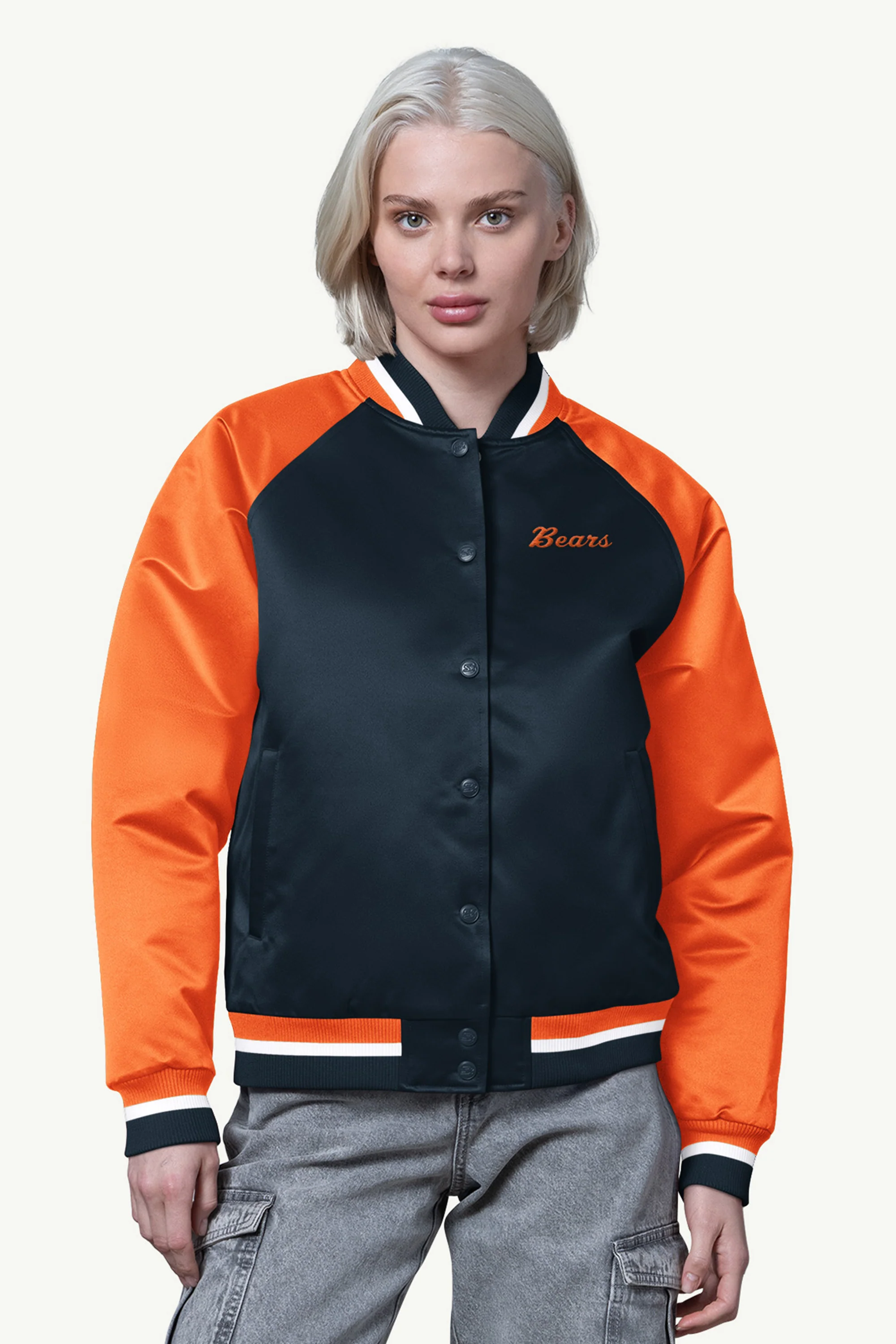 WOMENS CHICAGO BEARS FINAL SCORE SATIN VARSITY JACKET
