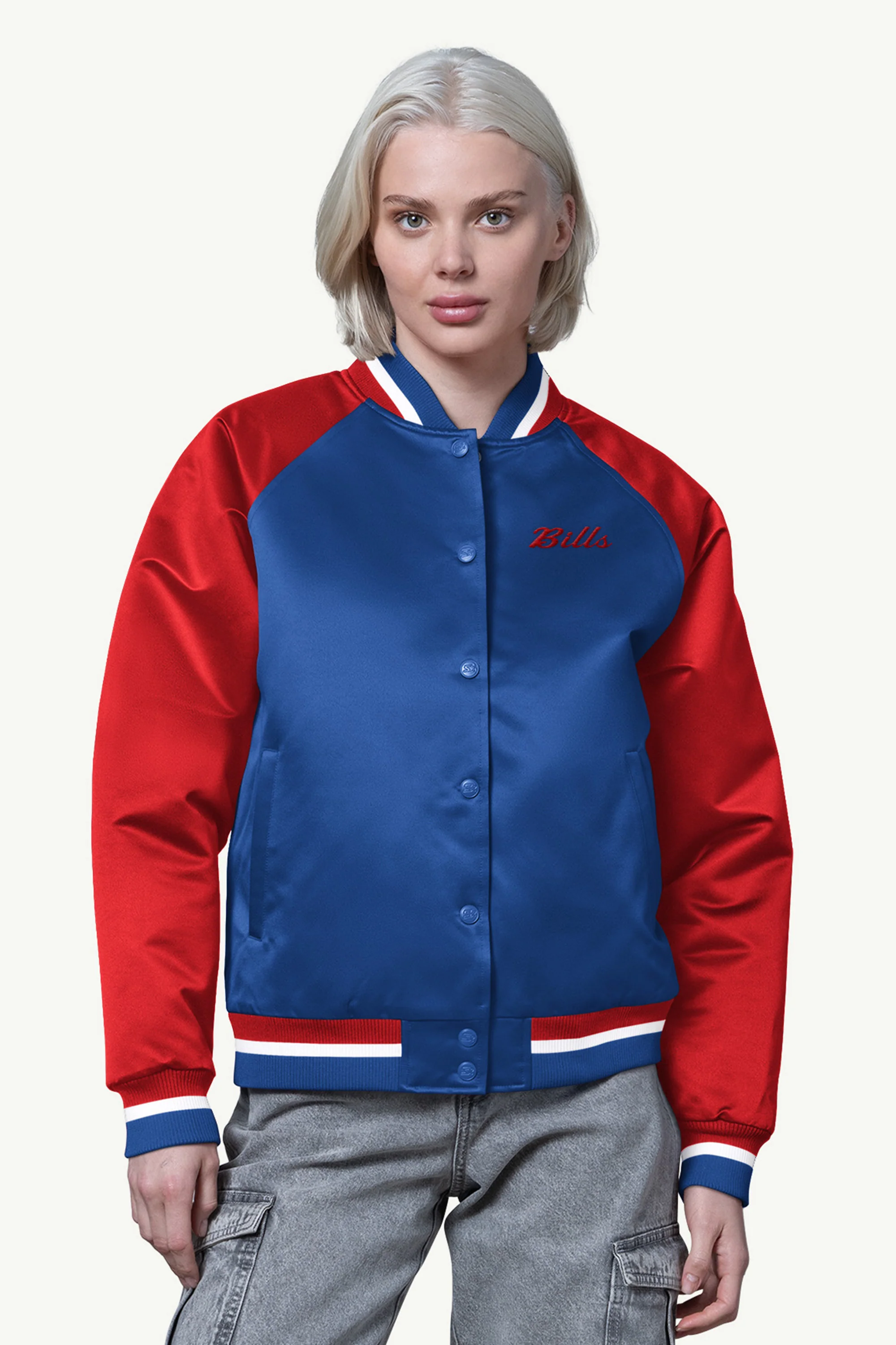 WOMENS BUFFALO BILLS FINAL SCORE SATIN VARSITY JACKET
