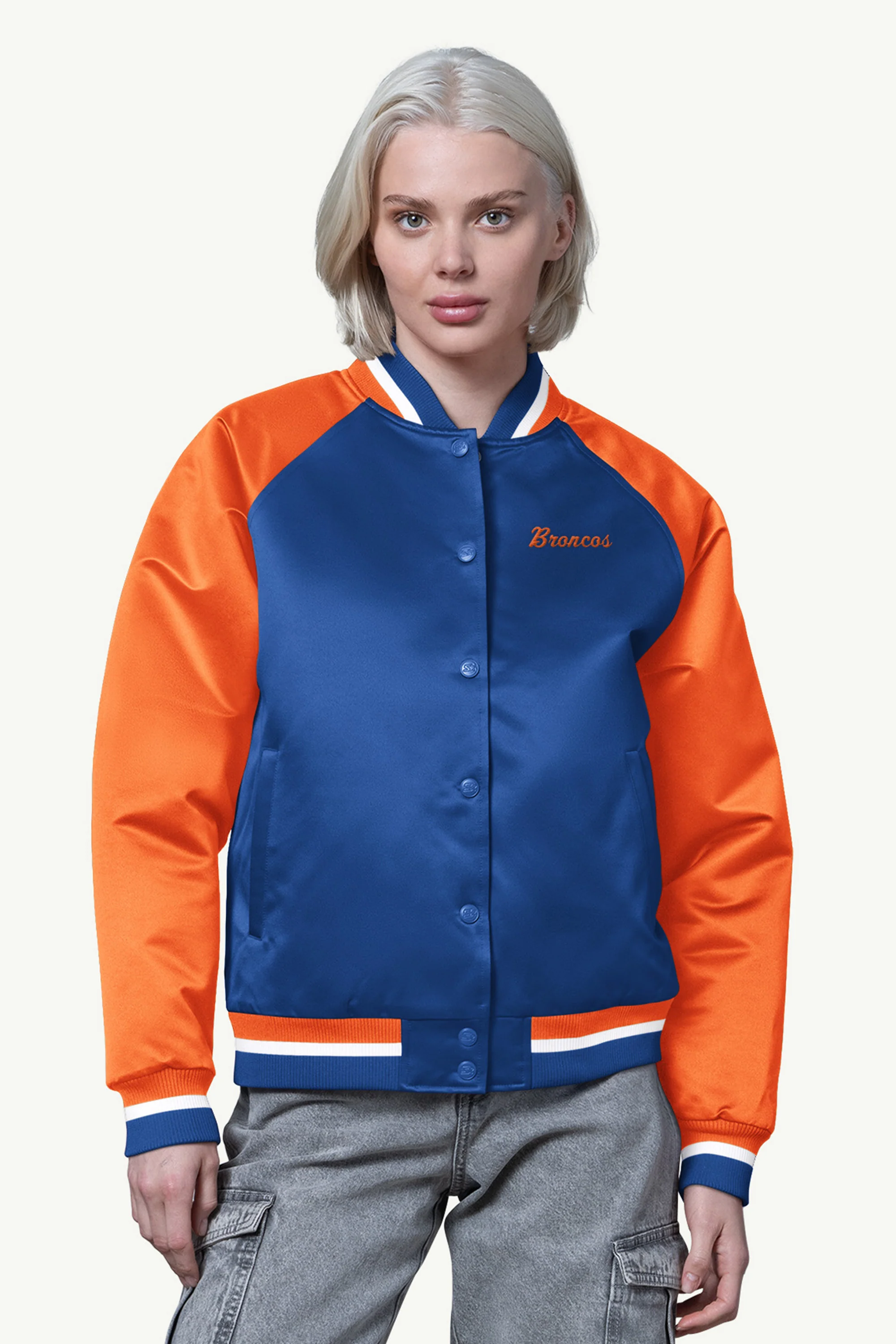 WOMENS DENVER BRONCOS FINAL SCORE SATIN VARSITY JACKET