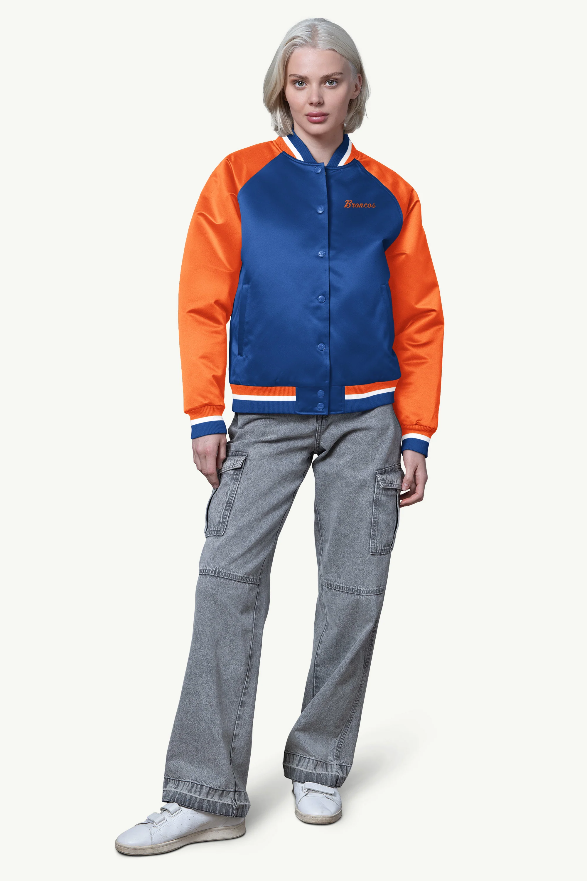 WOMENS DENVER BRONCOS FINAL SCORE SATIN VARSITY JACKET - Image 3