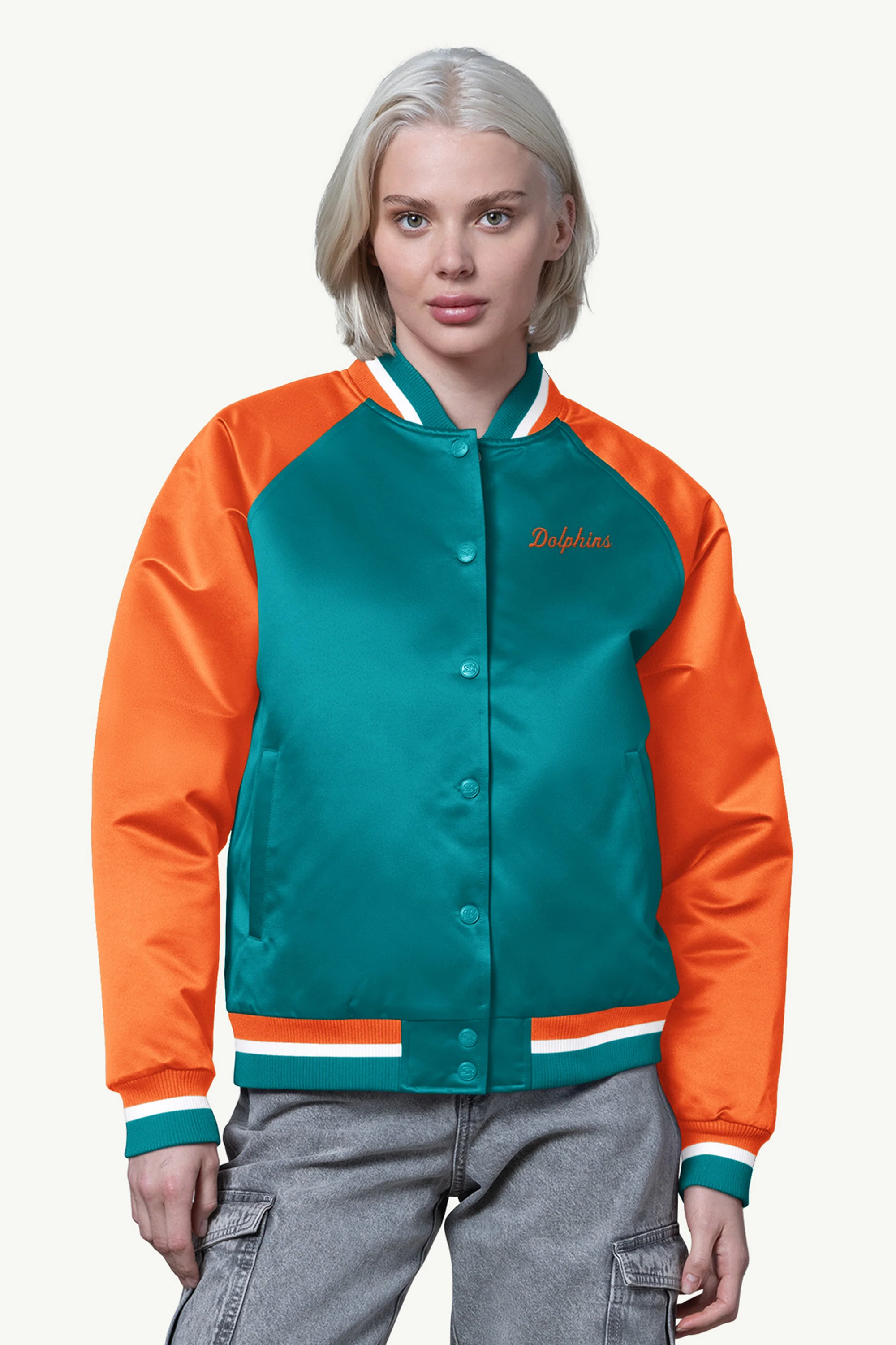 WOMENS MIAMI DOLPHINS FINAL SCORE SATIN VARSITY JACKET