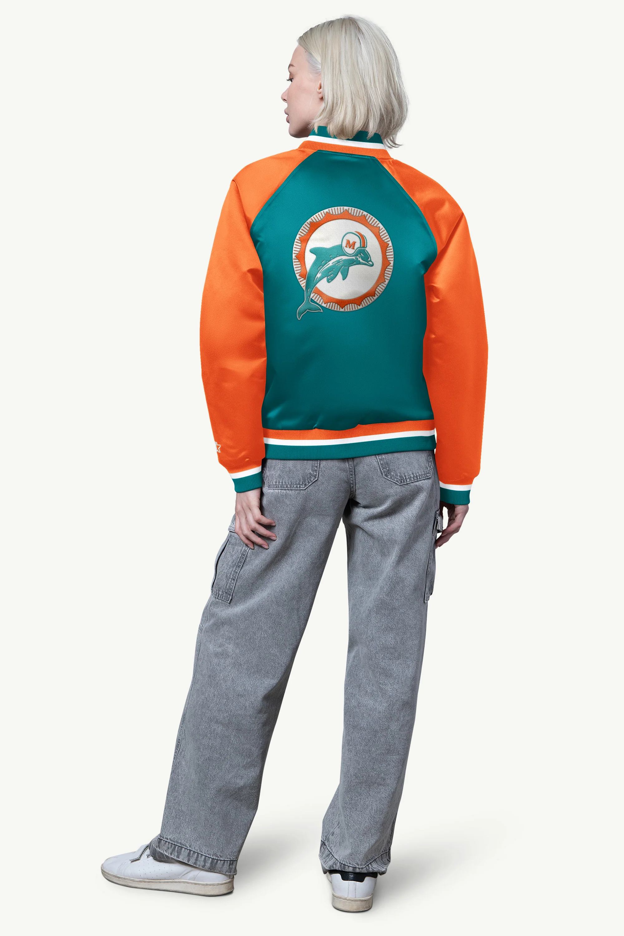 WOMENS MIAMI DOLPHINS FINAL SCORE SATIN VARSITY JACKET - Image 2